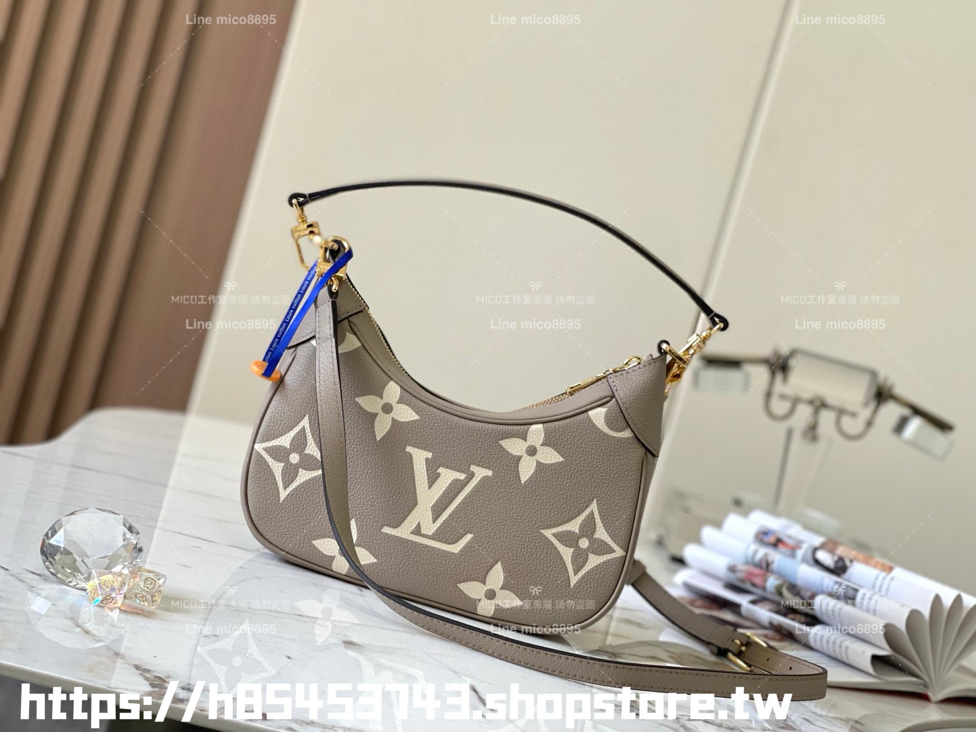 LV M46112 絲印款 大象灰 雙色全皮牛角包系列 Bagatelle 手袋 可斜跨肩背手提 24cm