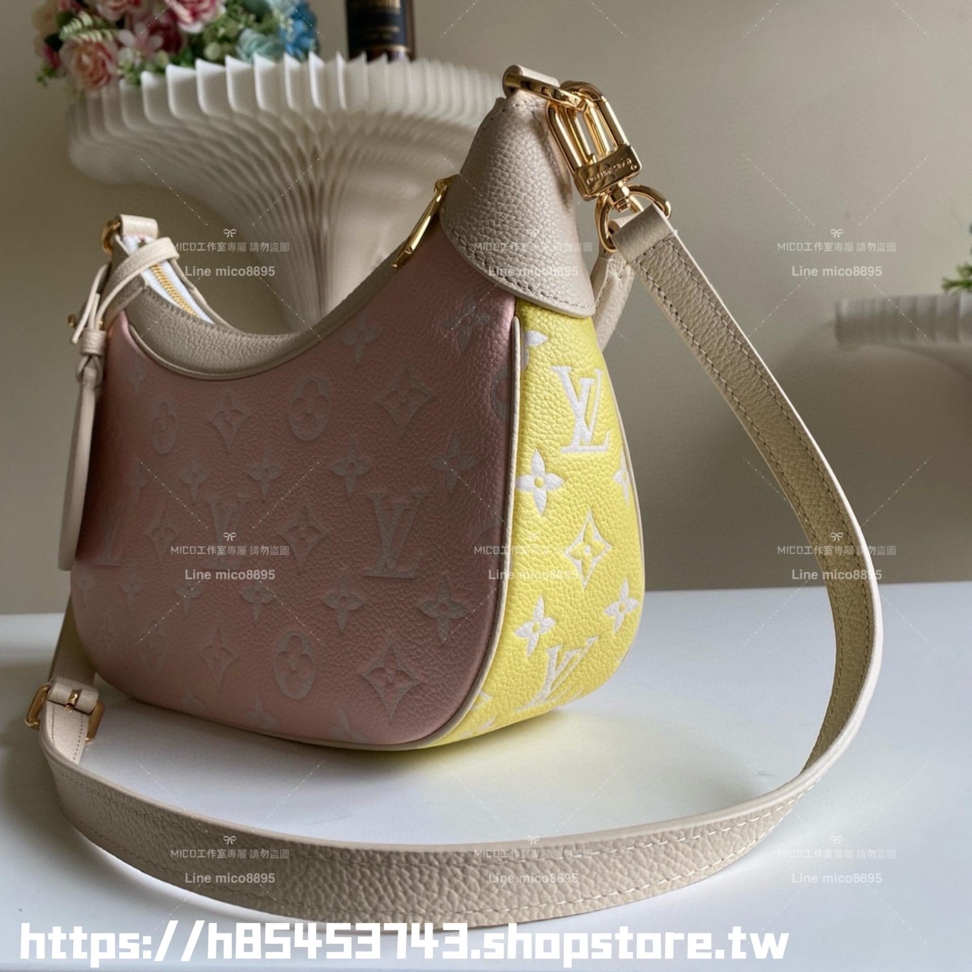 LV M46091 絲印款 粉色三色拼接全皮牛角包系列 Bagatelle 手袋 可斜跨肩背手提 24cm