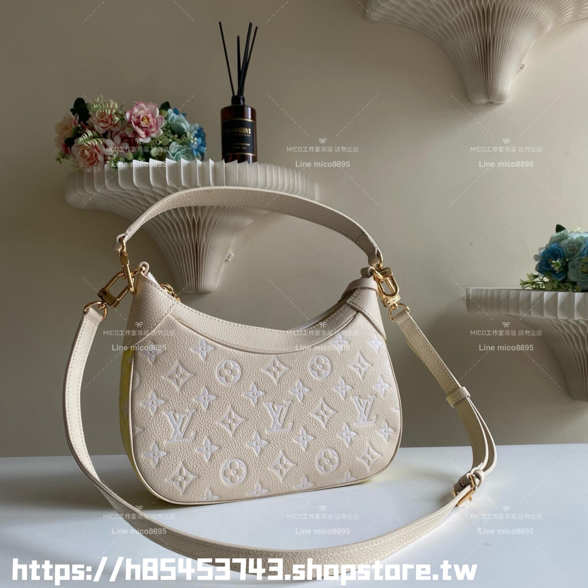 LV M46091 絲印款 粉色三色拼接全皮牛角包系列 Bagatelle 手袋 可斜跨肩背手提 24cm