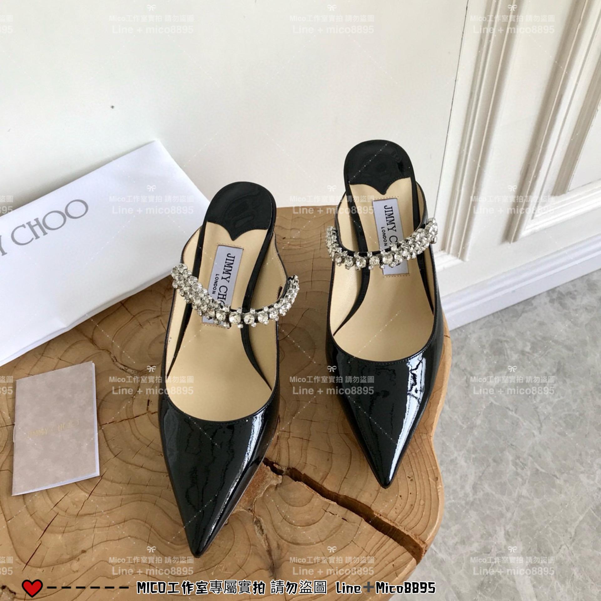 Jimmy Choo｜漆皮黑 尖頭水晶鑽鏈條高跟鞋 女鞋 氣質款 6.5cm 35-40偏小一碼