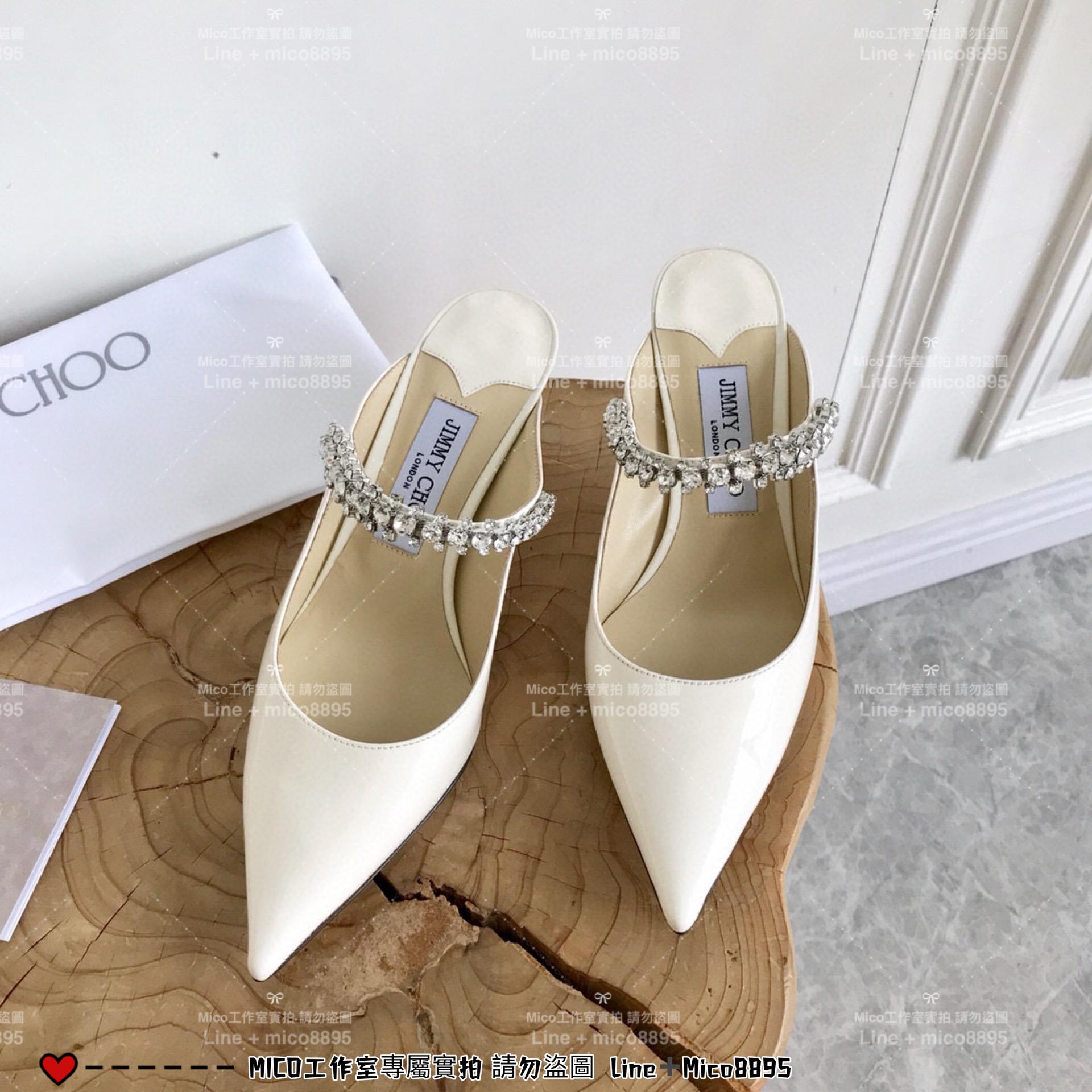 Jimmy Choo｜白色漆皮 尖頭水晶鑽鏈條高跟鞋 女鞋 氣質款 6.5cm 35-40偏小一碼