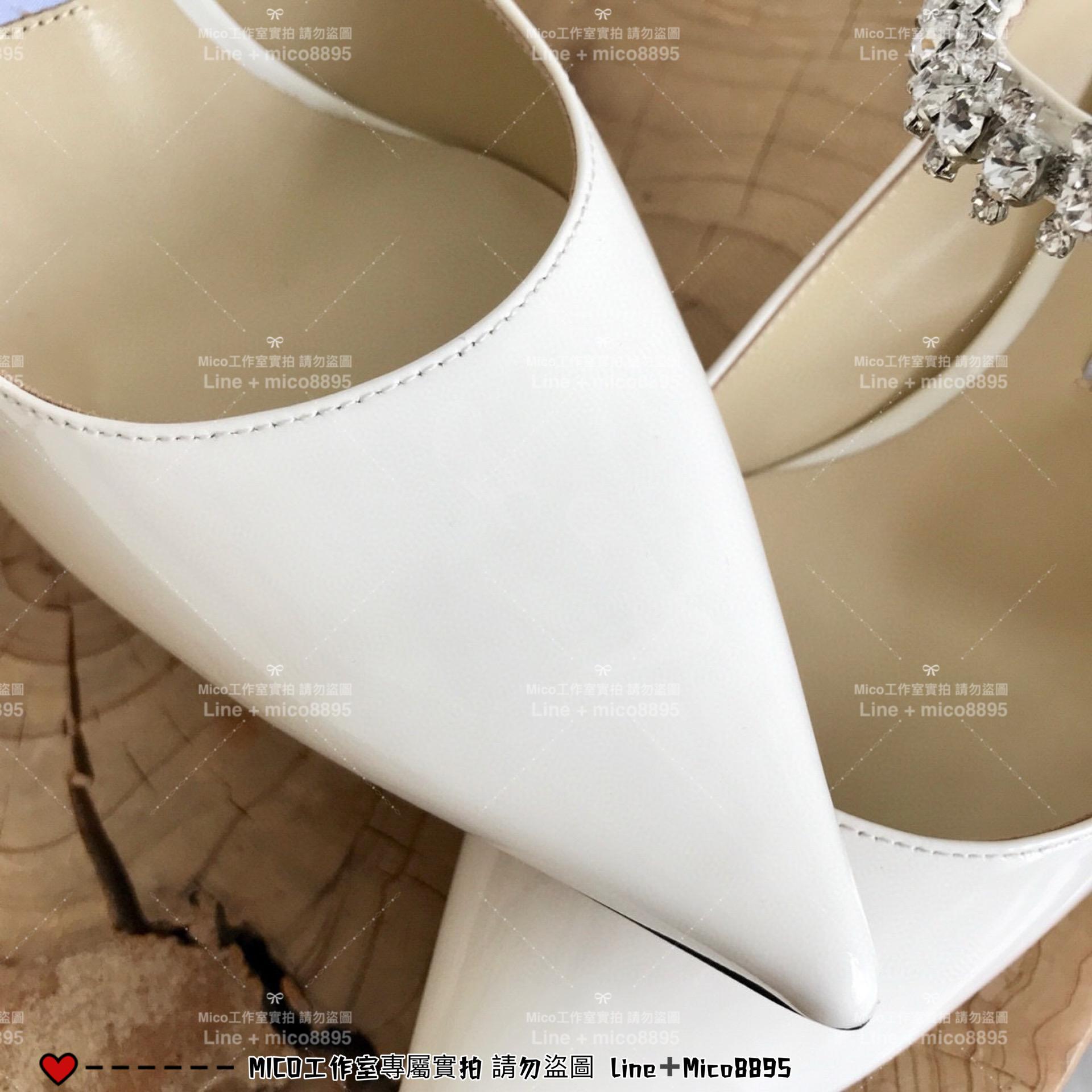 Jimmy Choo｜白色漆皮 尖頭水晶鑽鏈條高跟鞋 女鞋 氣質款 6.5cm 35-40偏小一碼