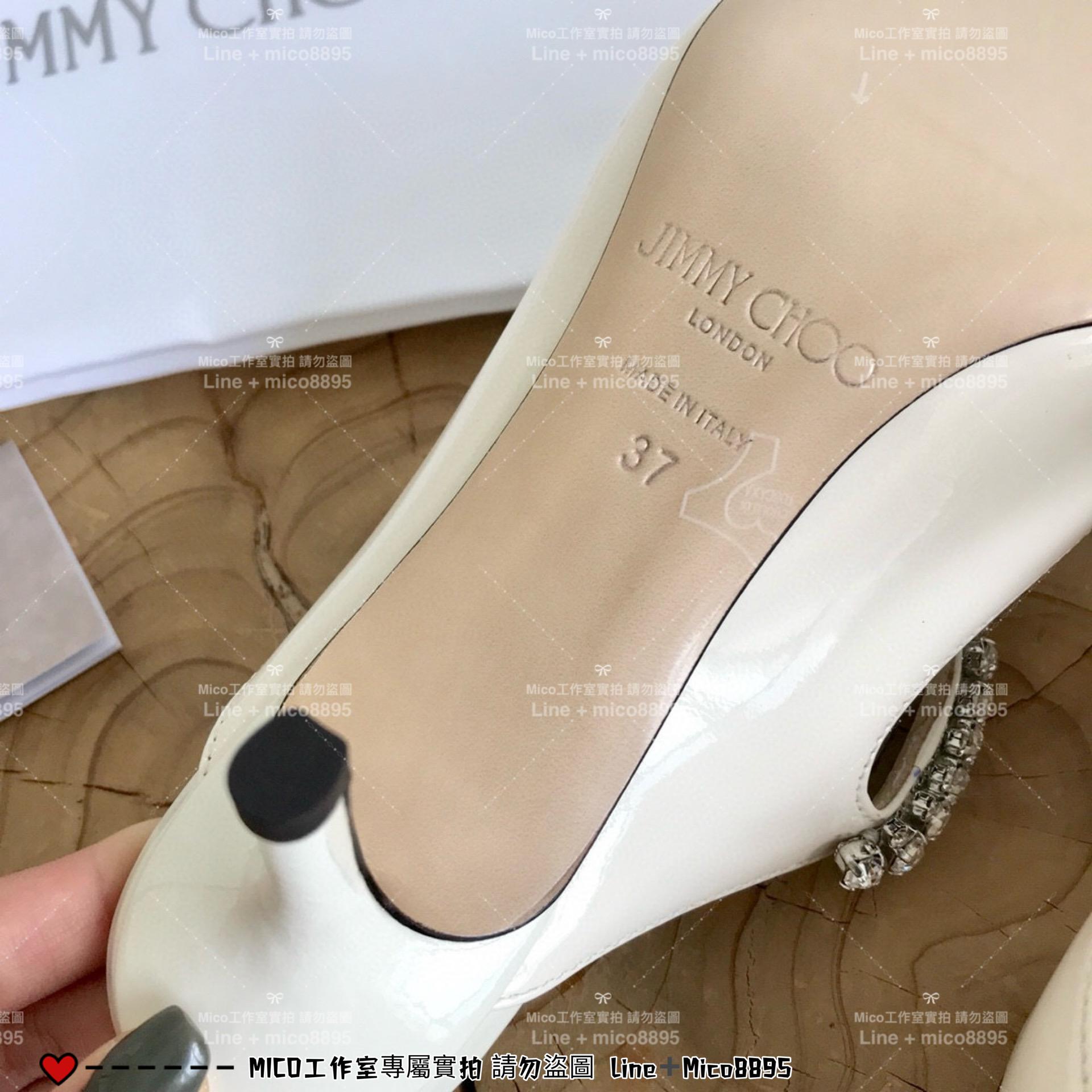 Jimmy Choo｜白色漆皮 尖頭水晶鑽鏈條高跟鞋 女鞋 氣質款 6.5cm 35-40偏小一碼