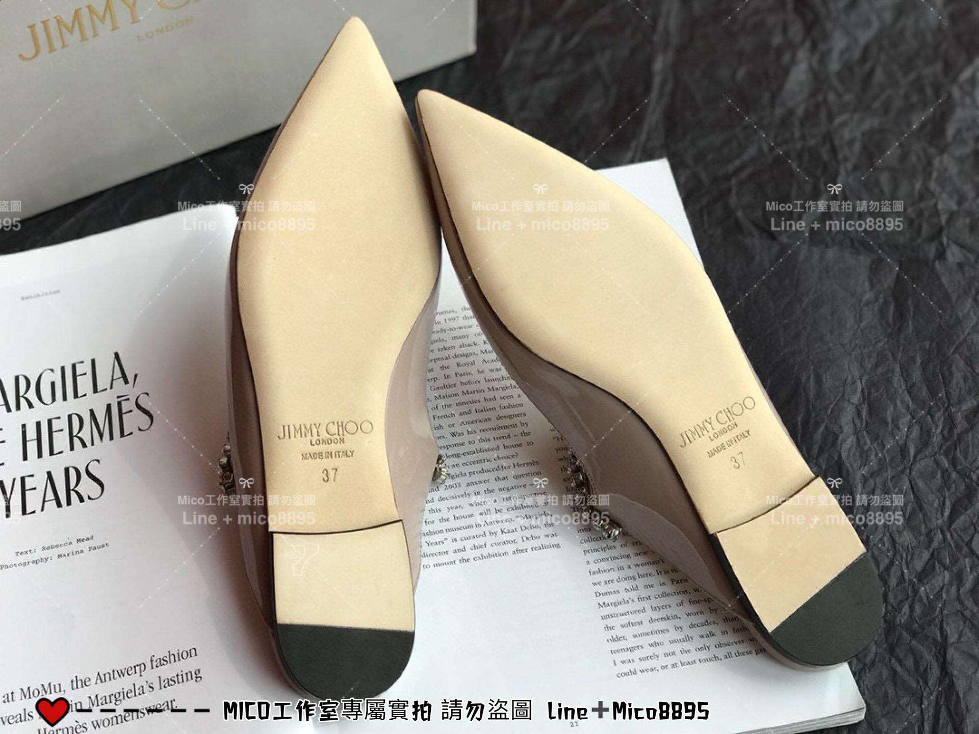 Jimmy Choo｜裸色漆皮 平底款 尖頭水晶鑽鏈條高跟鞋 女鞋 氣質款 35-40