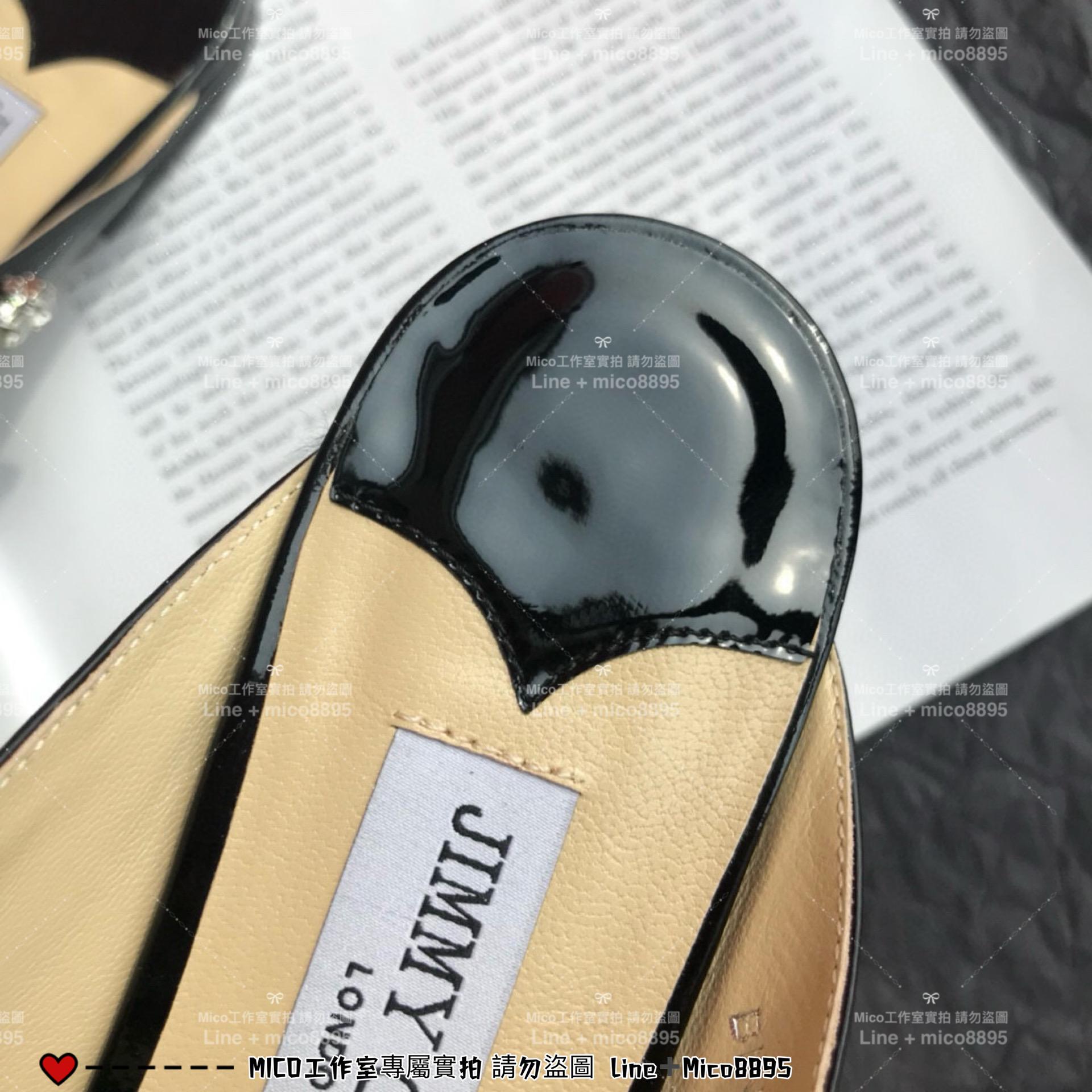 Jimmy Choo｜黑色漆皮 平底款 尖頭水晶鑽鏈條高跟鞋 女鞋 氣質款 35-40