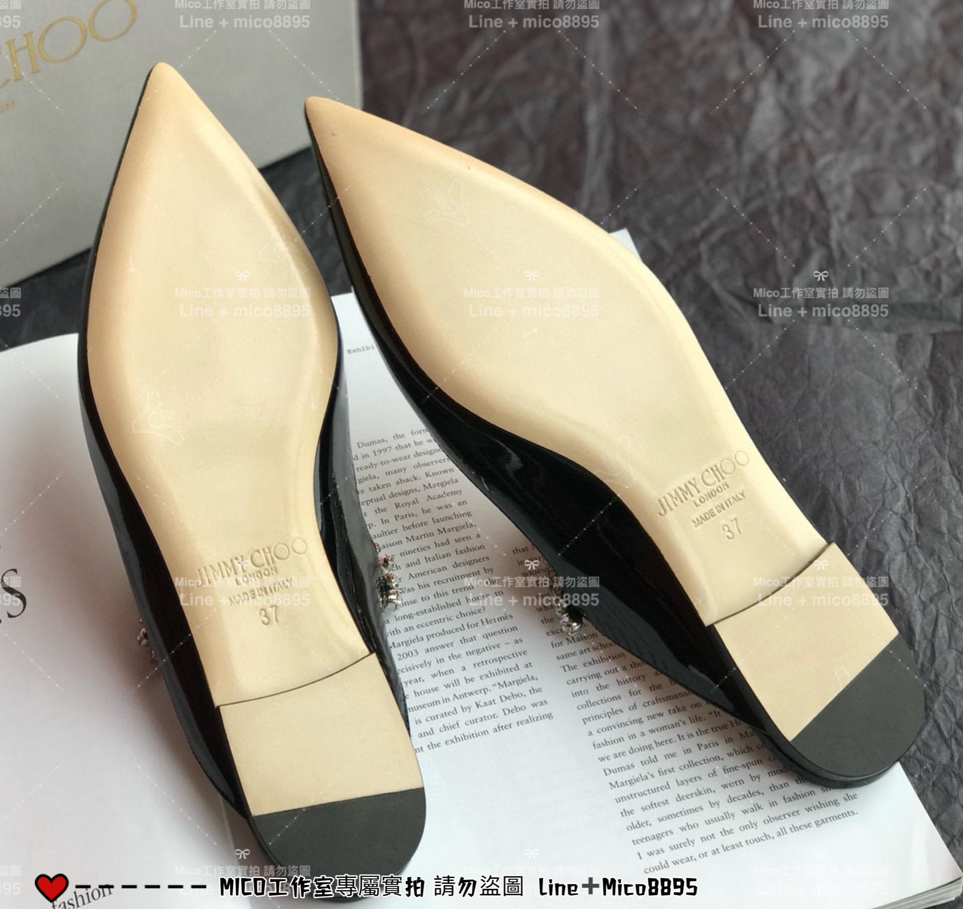 Jimmy Choo｜黑色漆皮 平底款 尖頭水晶鑽鏈條高跟鞋 女鞋 氣質款 35-40