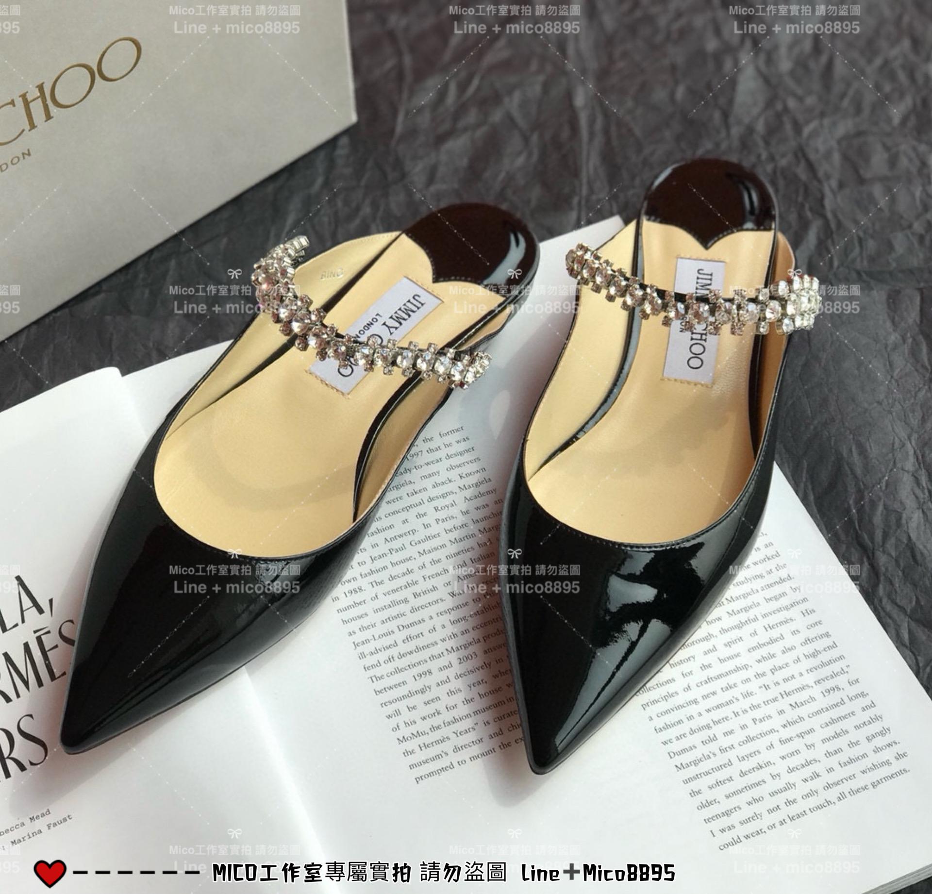 Jimmy Choo｜黑色漆皮 平底款 尖頭水晶鑽鏈條高跟鞋 女鞋 氣質款 35-40