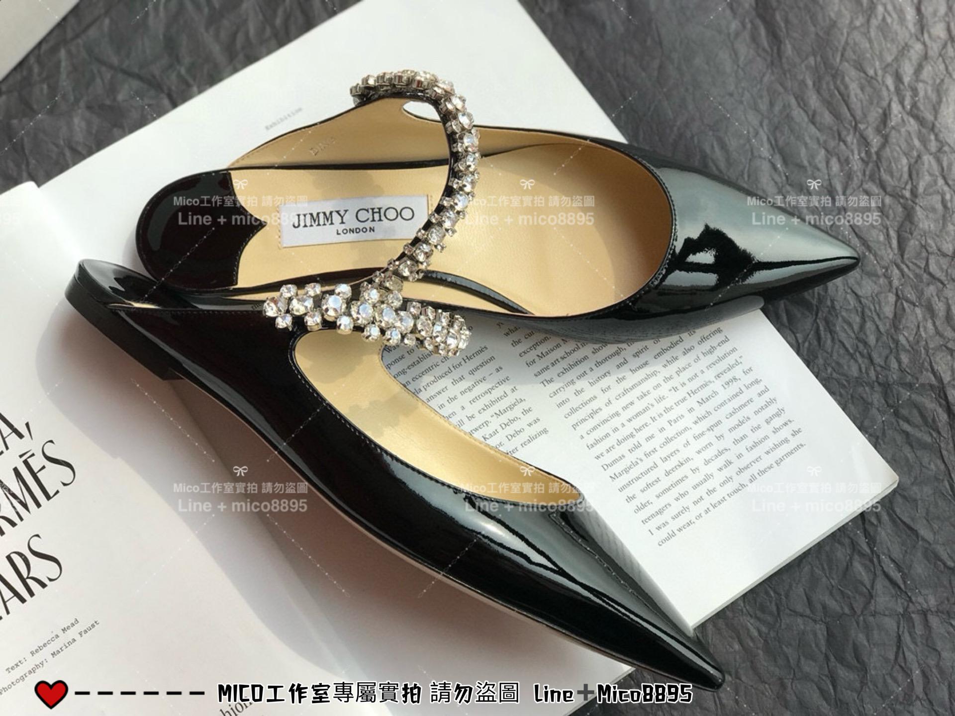 Jimmy Choo｜黑色漆皮 平底款 尖頭水晶鑽鏈條高跟鞋 女鞋 氣質款 35-40