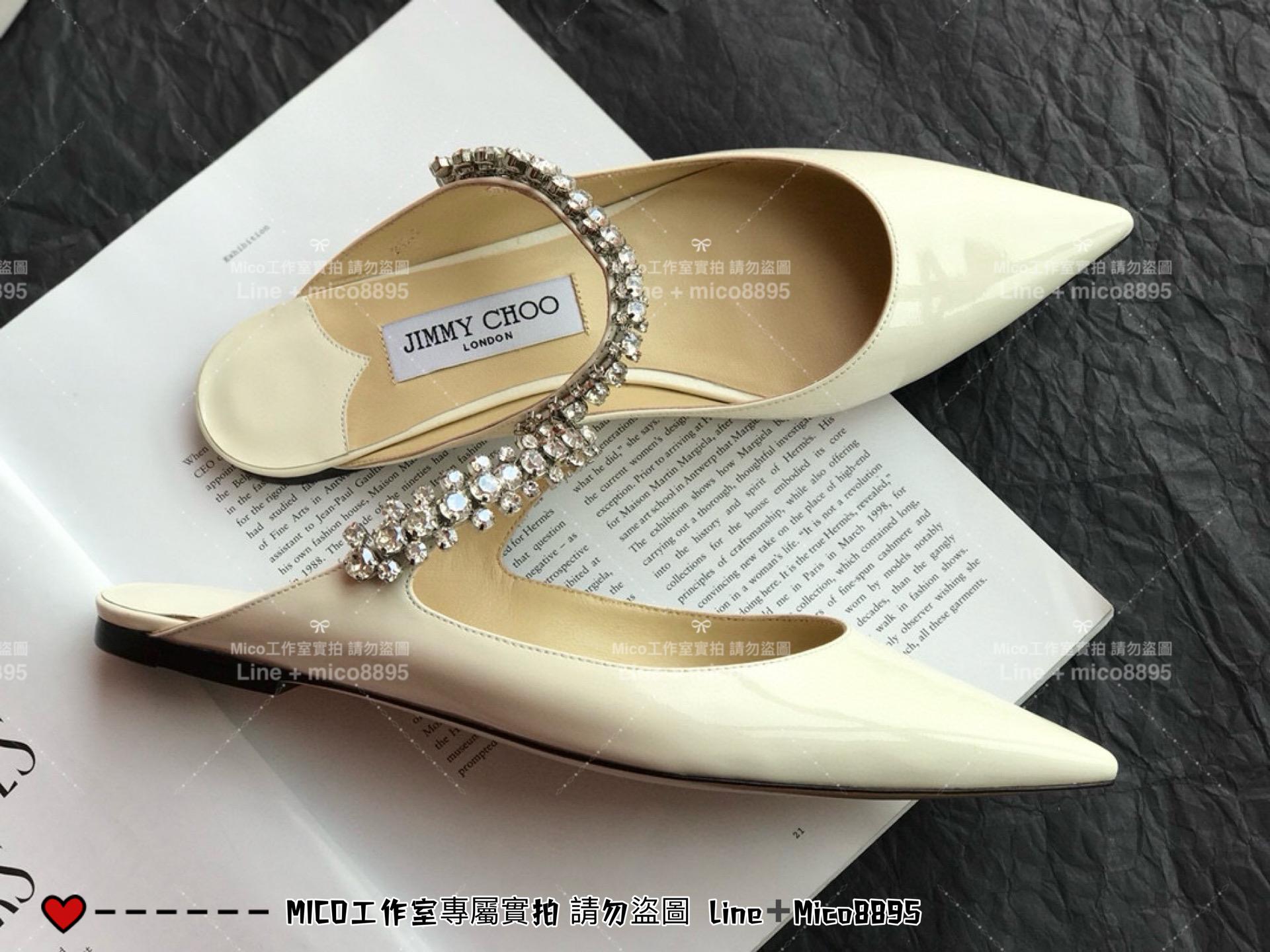 Jimmy Choo｜白色漆皮 平底款 尖頭水晶鑽鏈條高跟鞋 女鞋 氣質款 35-40