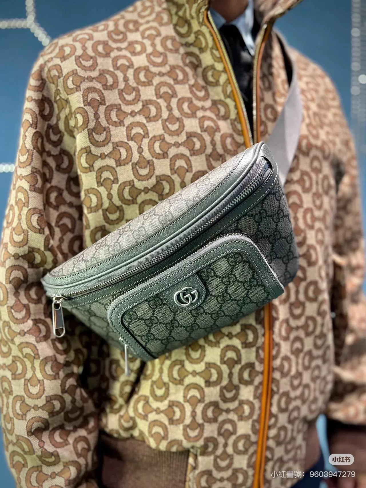 GUCCI 黑灰色 OPHIDIA系列老花腰包 胸包 男包 26cm