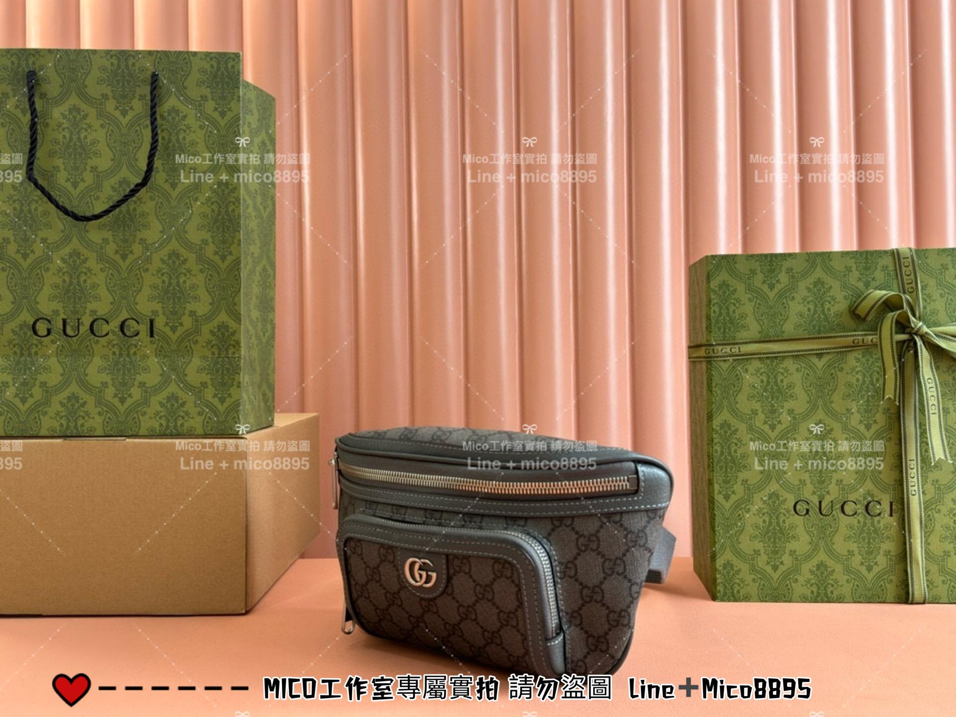 GUCCI 黑灰色 OPHIDIA系列老花腰包 胸包 男包 26cm