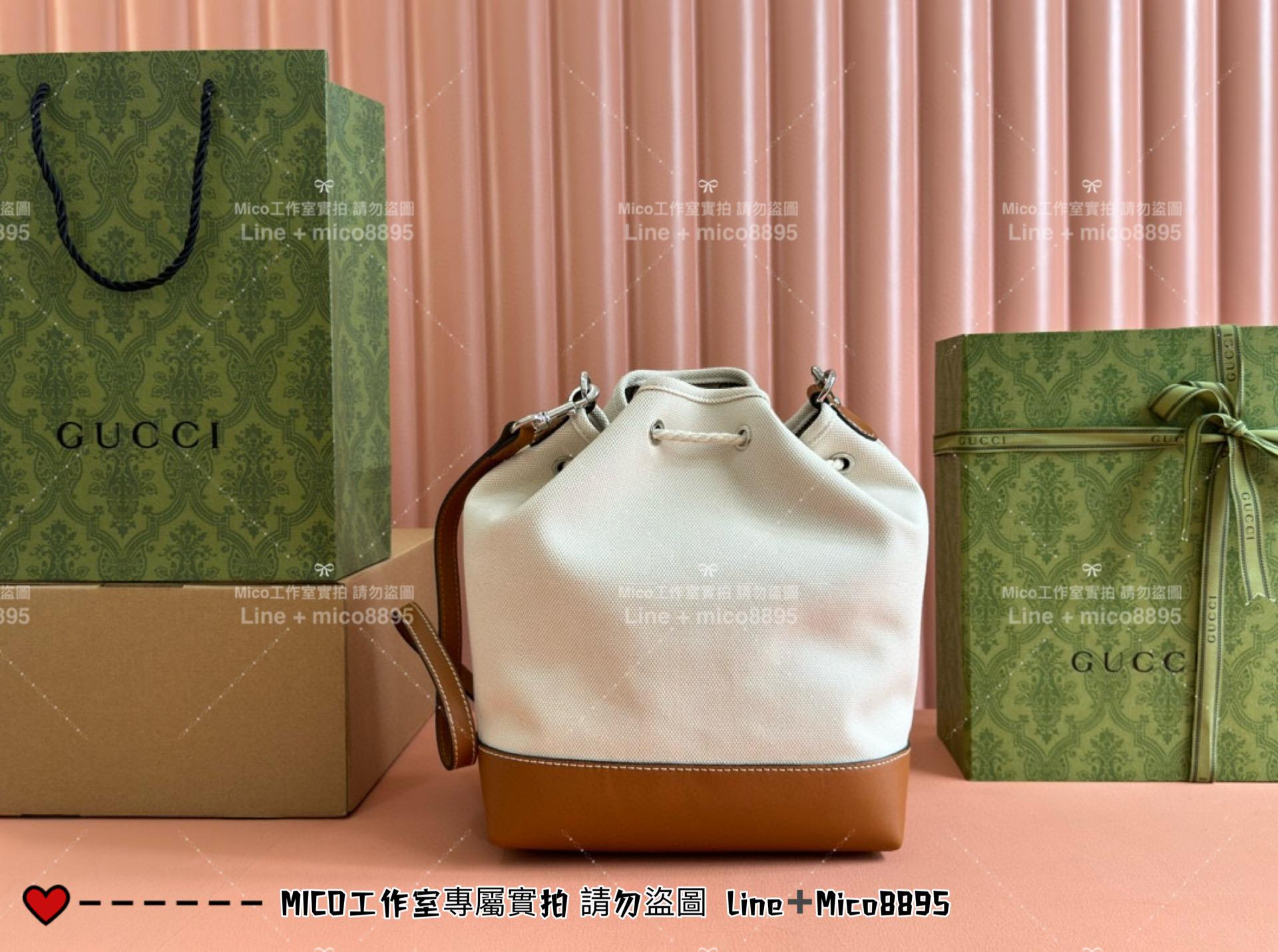 GUCCI 24春夏款 度假風格 帆布抽繩水桶包 小號 22.5cm 可手提與斜挎