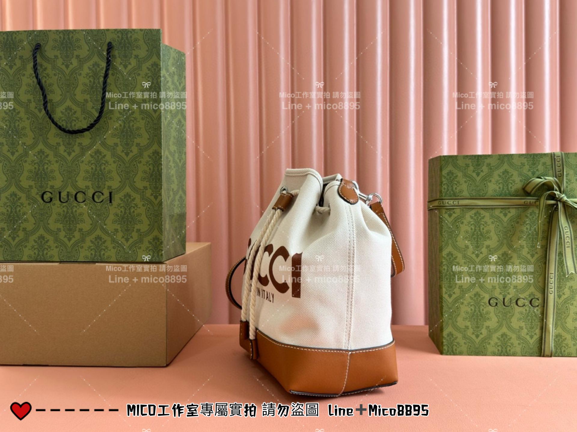 GUCCI 24春夏款 度假風格 帆布抽繩水桶包 小號 22.5cm 可手提與斜挎