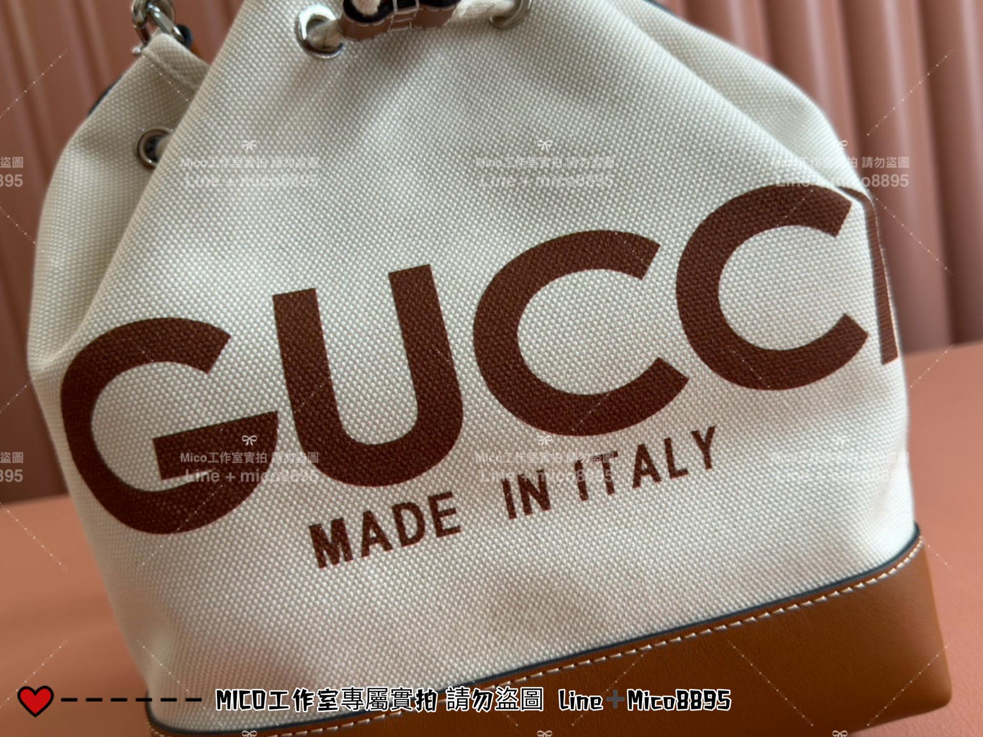 GUCCI 24春夏款 度假風格 帆布抽繩水桶包 小號 22.5cm 可手提與斜挎