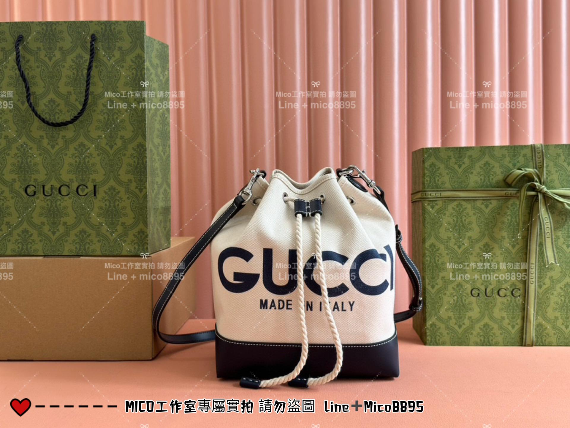 GUCCI 24春夏款 度假風格 帆布抽繩水桶包 小號/烏木色 16cm 可手提與斜挎