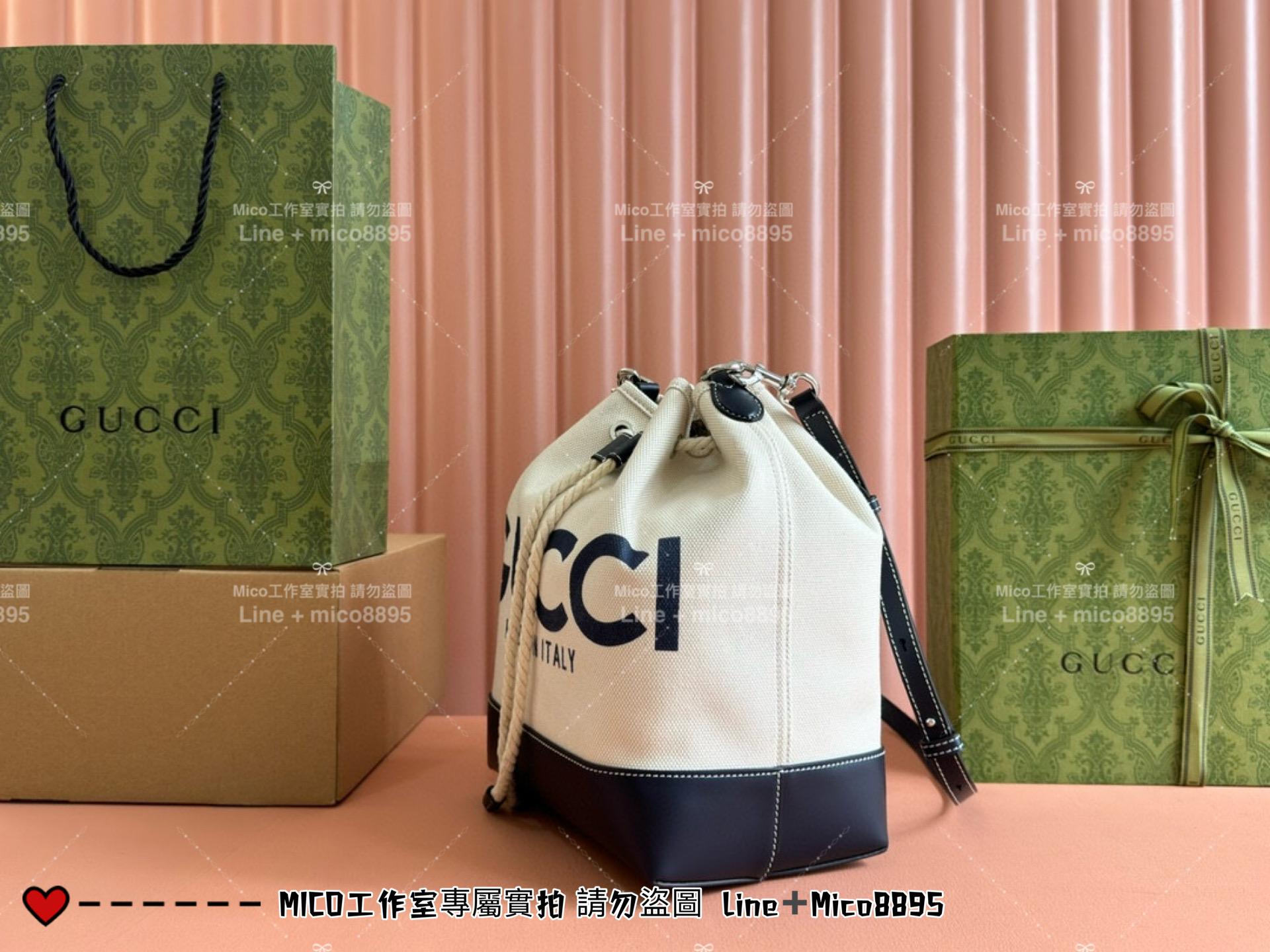 GUCCI 24春夏款 度假風格 帆布抽繩水桶包 小號/烏木色 16cm 可手提與斜挎