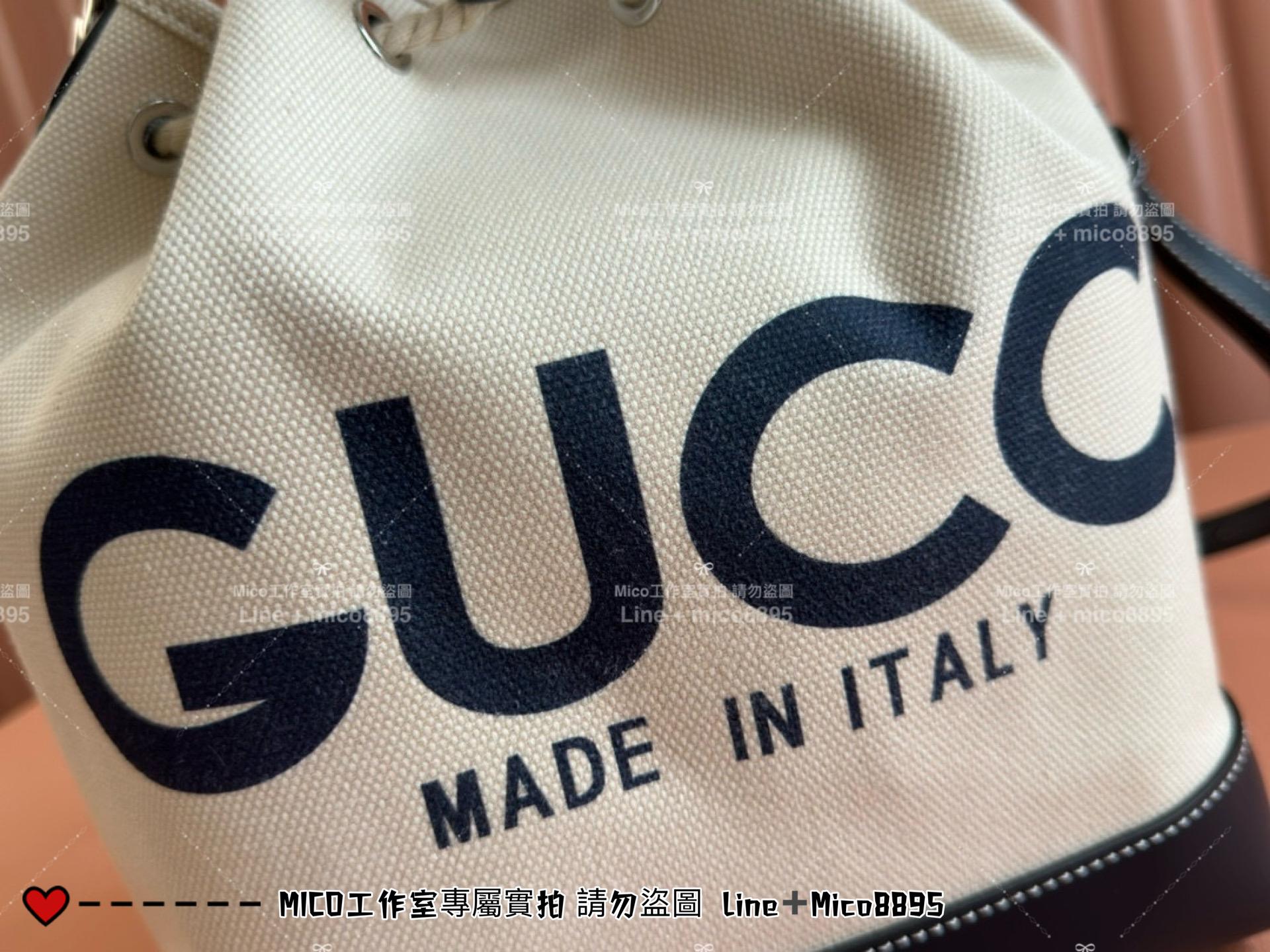 GUCCI 24春夏款 度假風格 帆布抽繩水桶包 小號/烏木色 16cm 可手提與斜挎