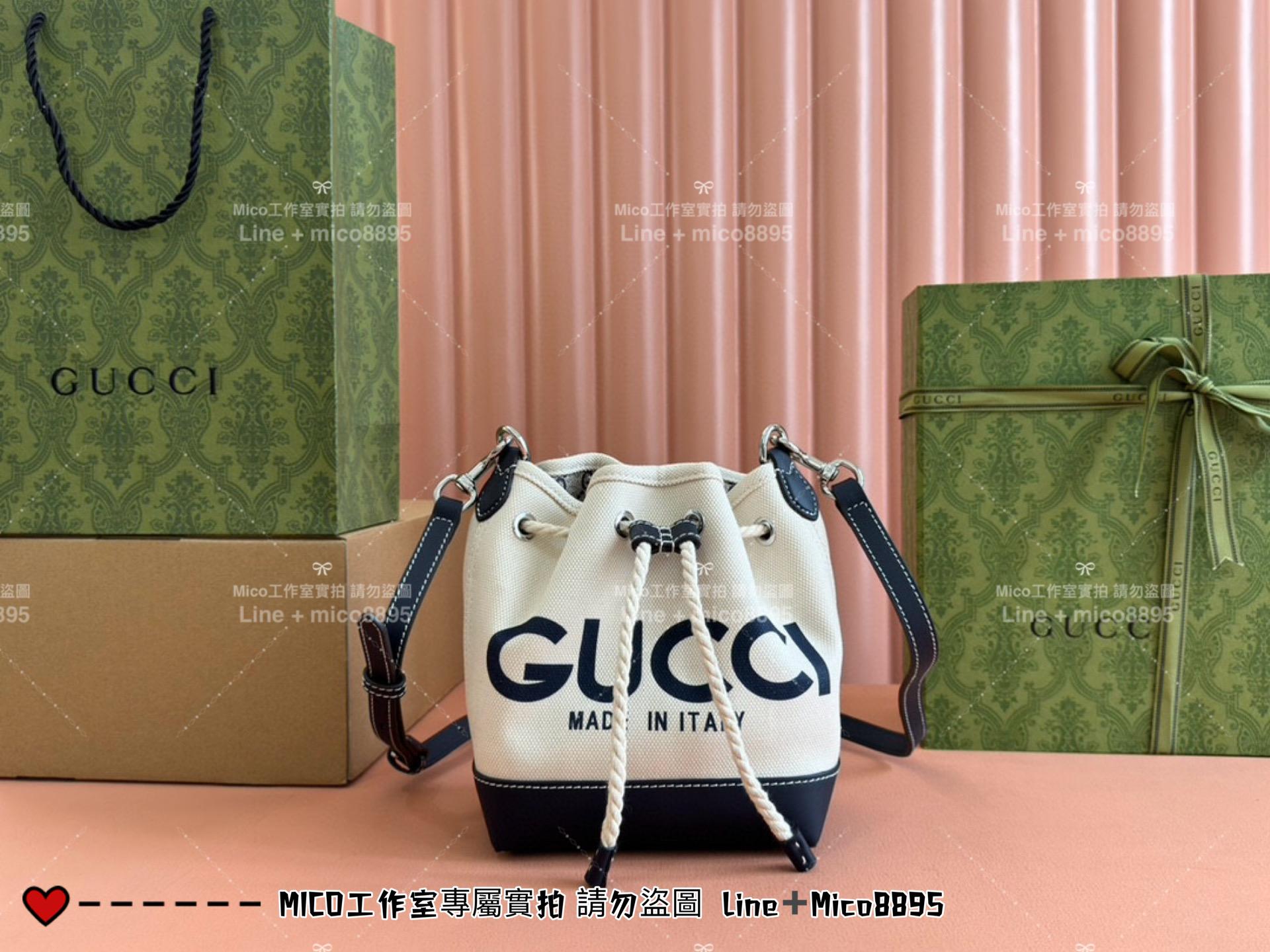 GUCCI 24春夏款 度假風格 烏木色 MINI帆布抽繩水桶包 16cm 可手提與斜挎