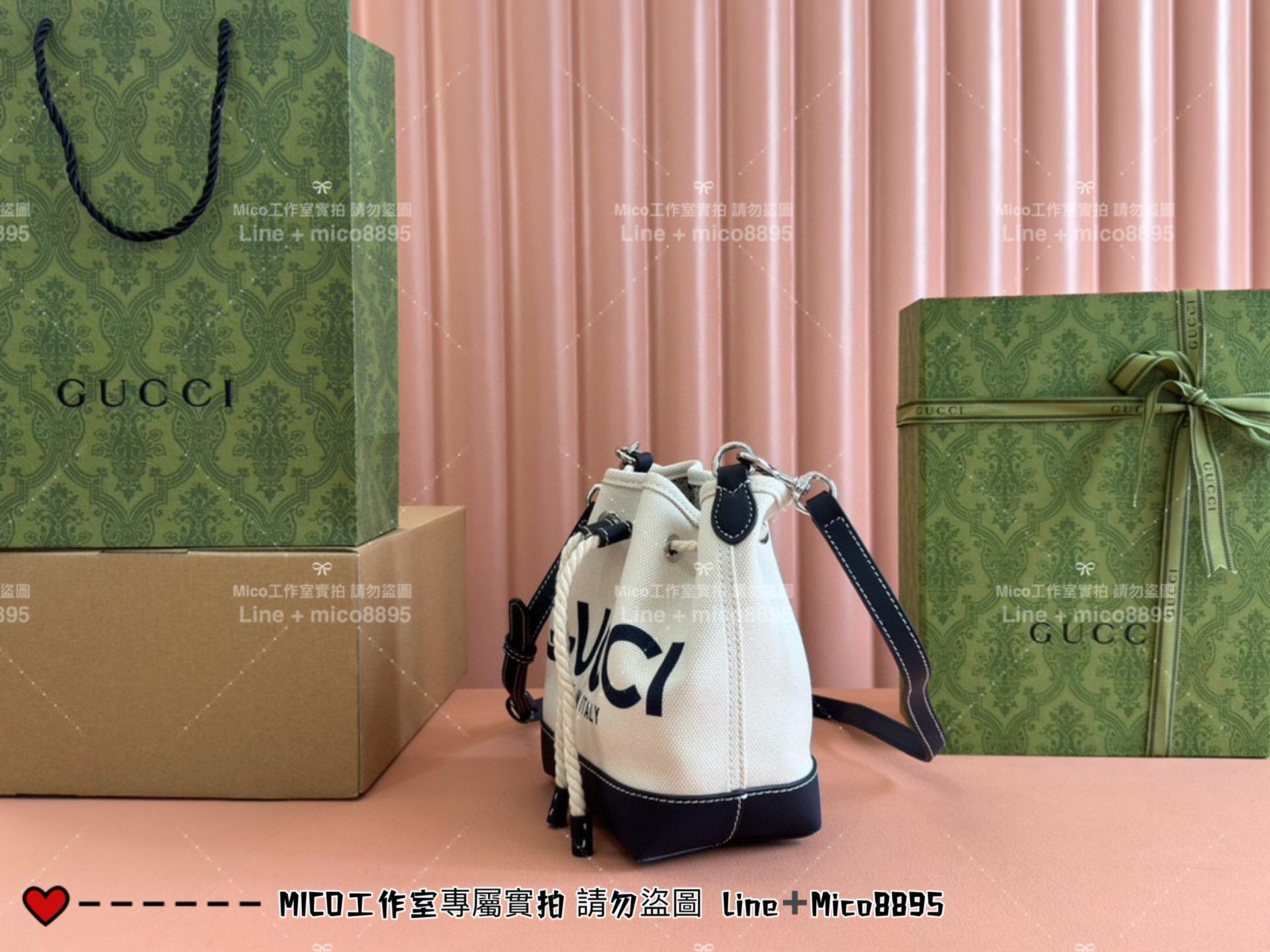 GUCCI 24春夏款 度假風格 烏木色 MINI帆布抽繩水桶包 16cm 可手提與斜挎