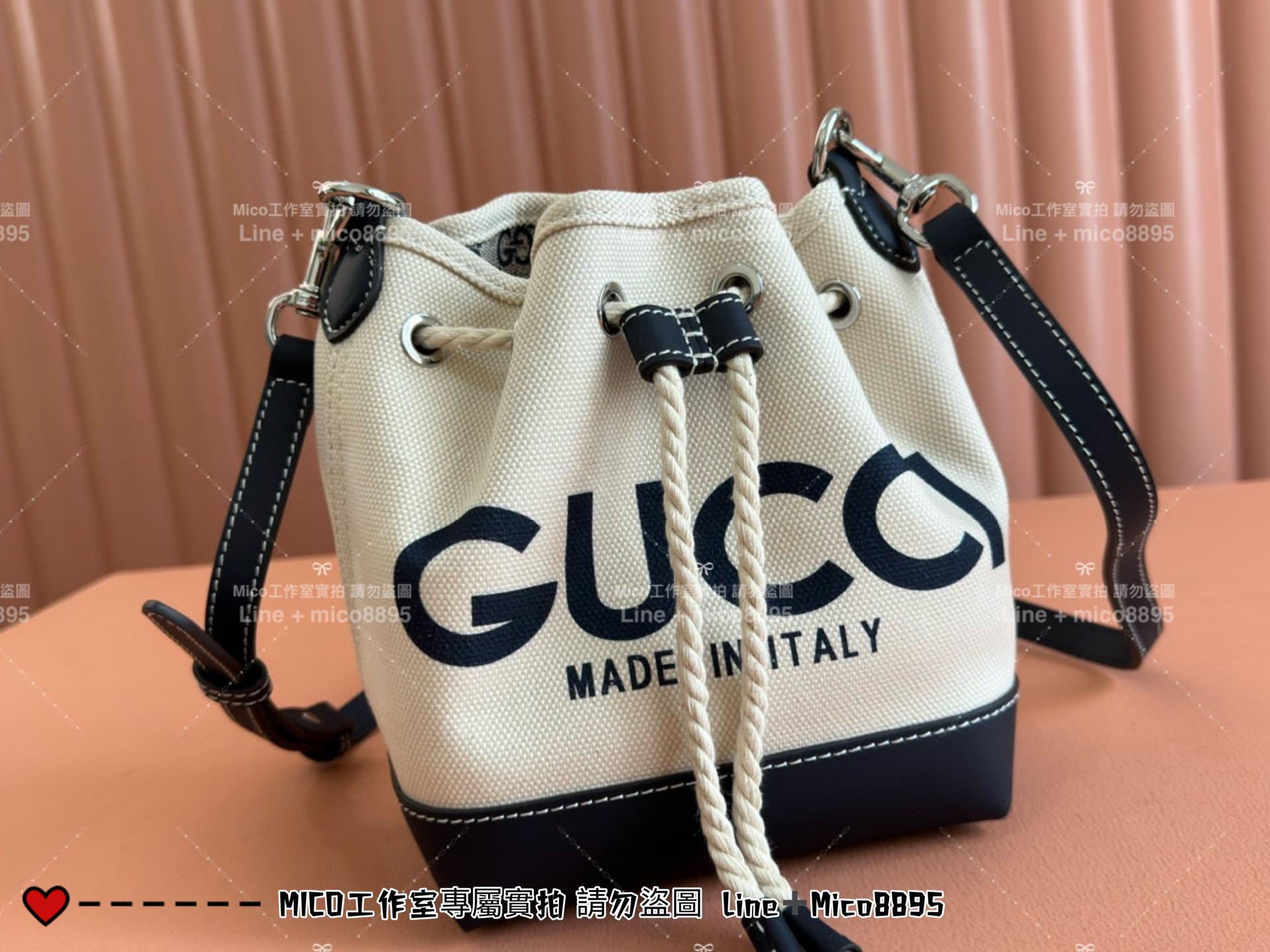 GUCCI 24春夏款 度假風格 烏木色 MINI帆布抽繩水桶包 16cm 可手提與斜挎