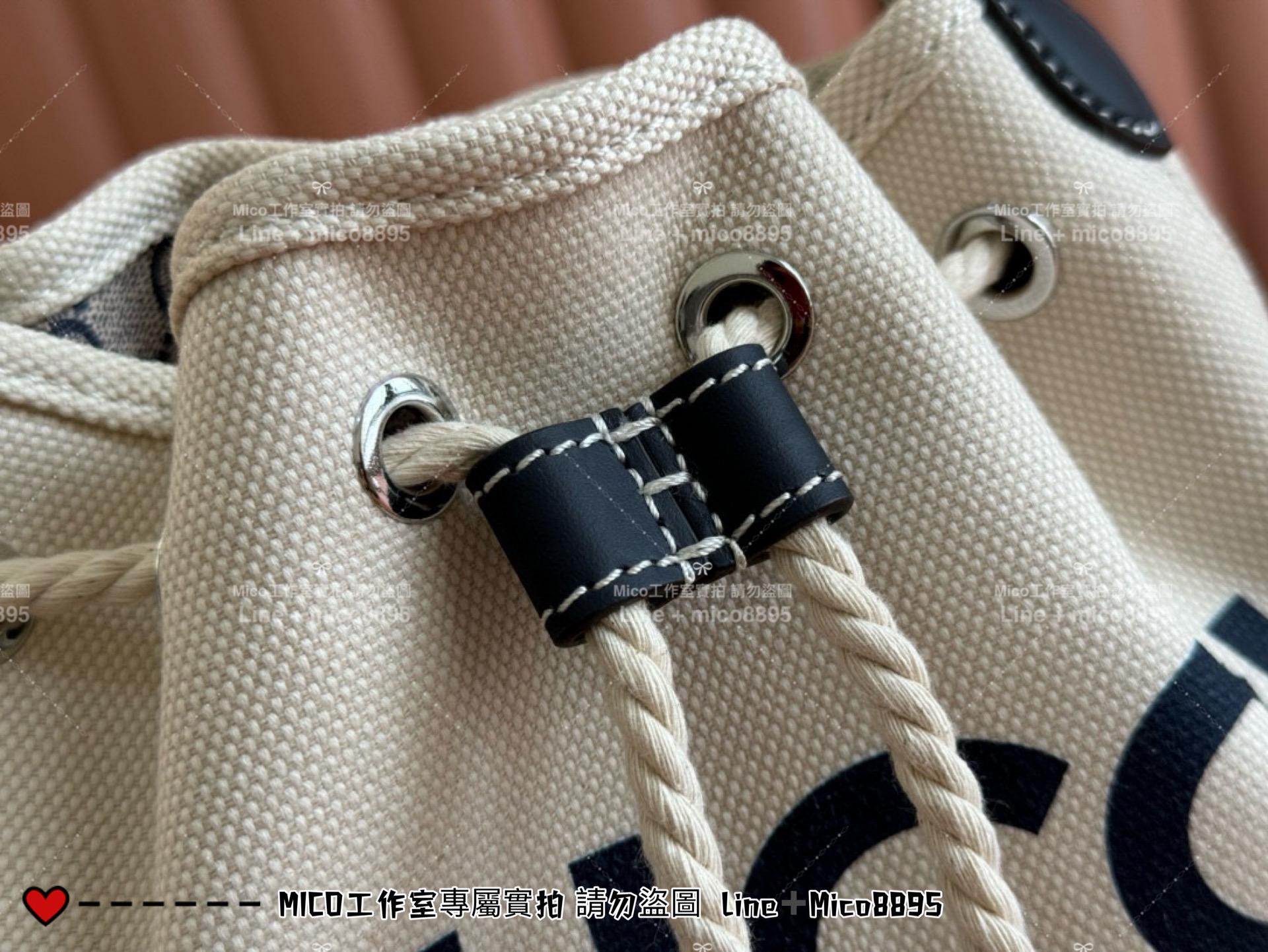 GUCCI 24春夏款 度假風格 烏木色 MINI帆布抽繩水桶包 16cm 可手提與斜挎