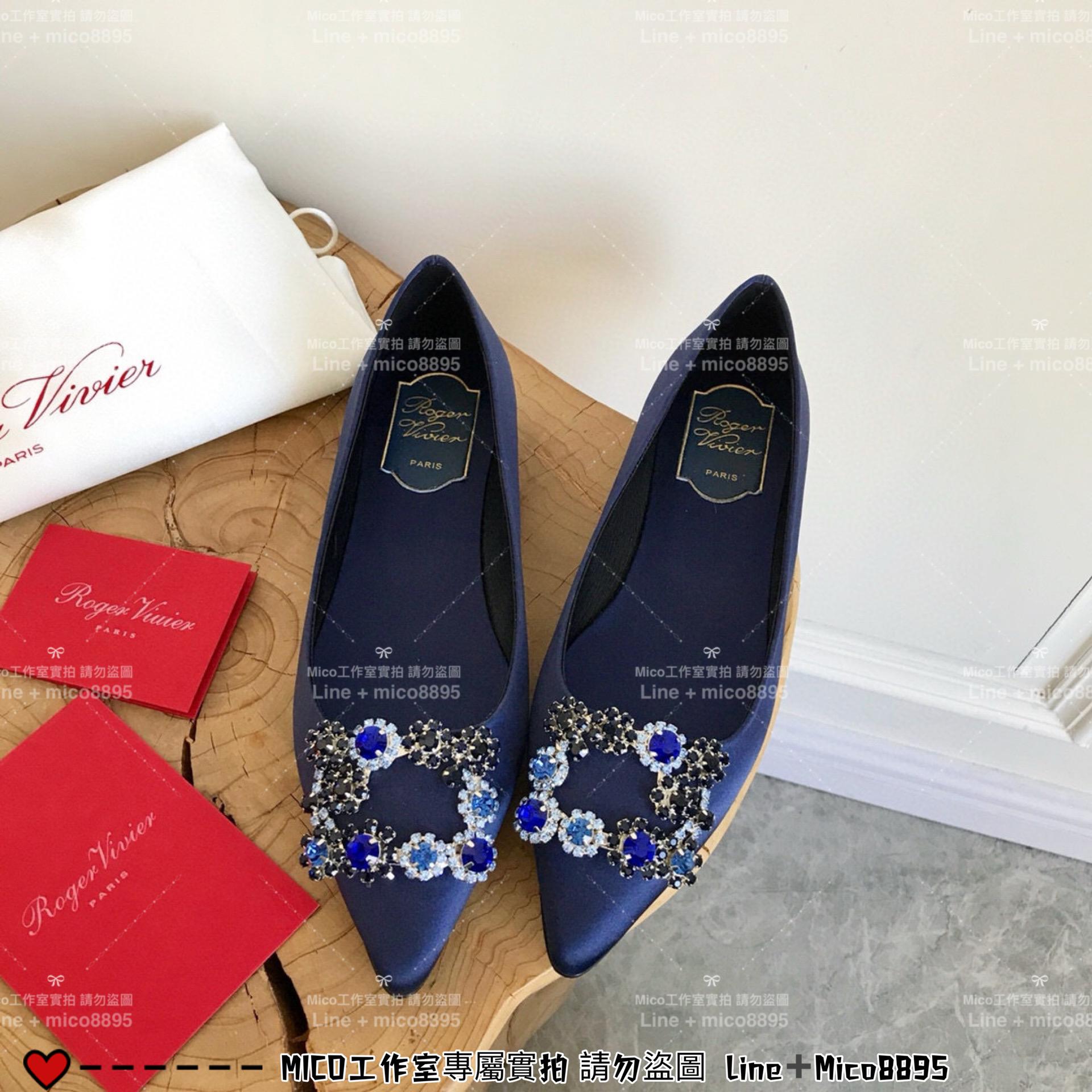 ROGER VIVIER RV 藍色真絲 雪花釦尖頭平底鞋 施華洛世奇水鑽 女鞋 35-40