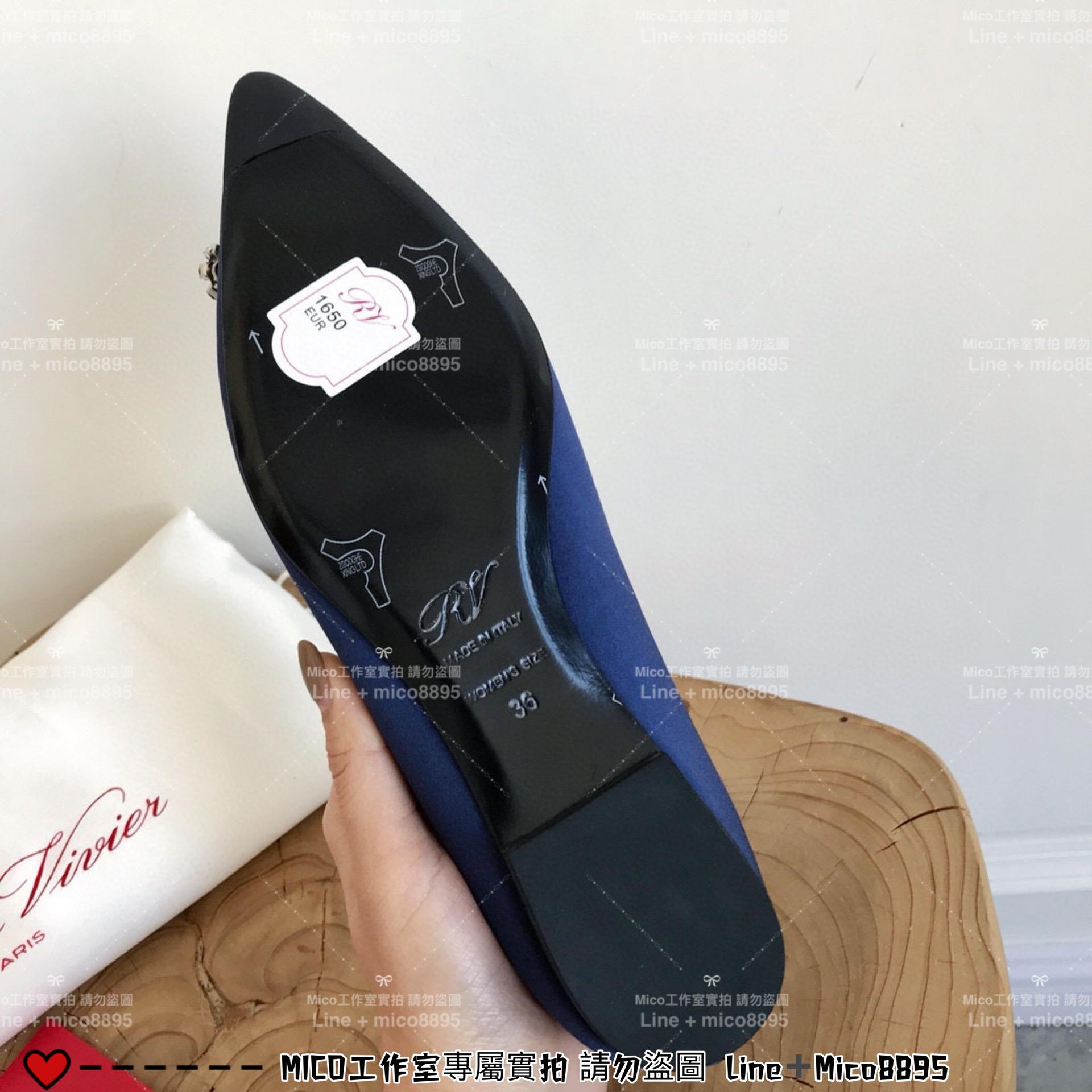 ROGER VIVIER RV 藍色真絲 雪花釦尖頭平底鞋 施華洛世奇水鑽 女鞋 35-40