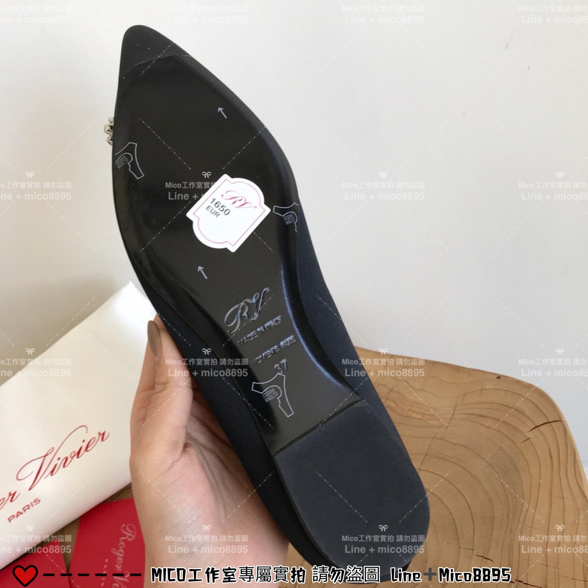 ROGER VIVIER RV 黑色真絲 雪花釦尖頭平底鞋 施華洛世奇水鑽 女鞋 35-40