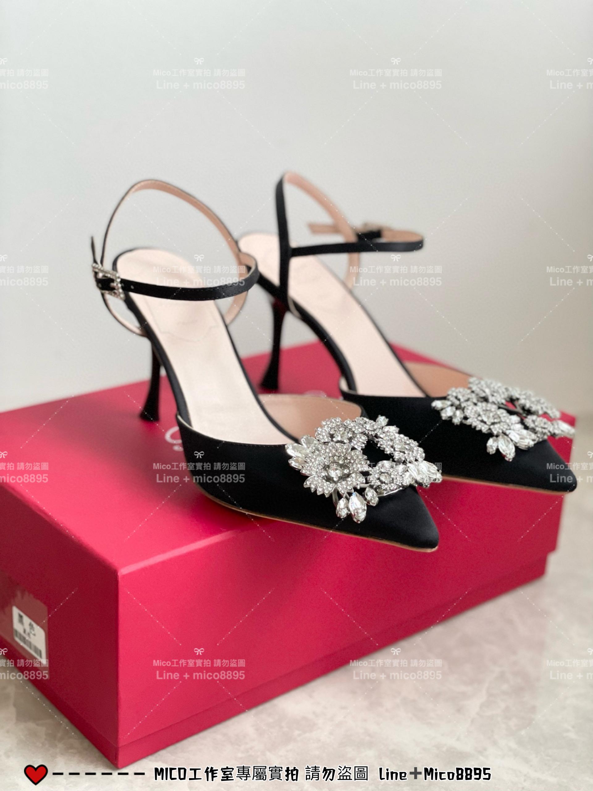 ROGER VIVIER 黑色真絲 RV 花鑽 方釦 真絲高跟涼鞋 繫帶跟鞋/高跟鞋 施華洛世奇水鑽 女鞋 35-40（可訂34）