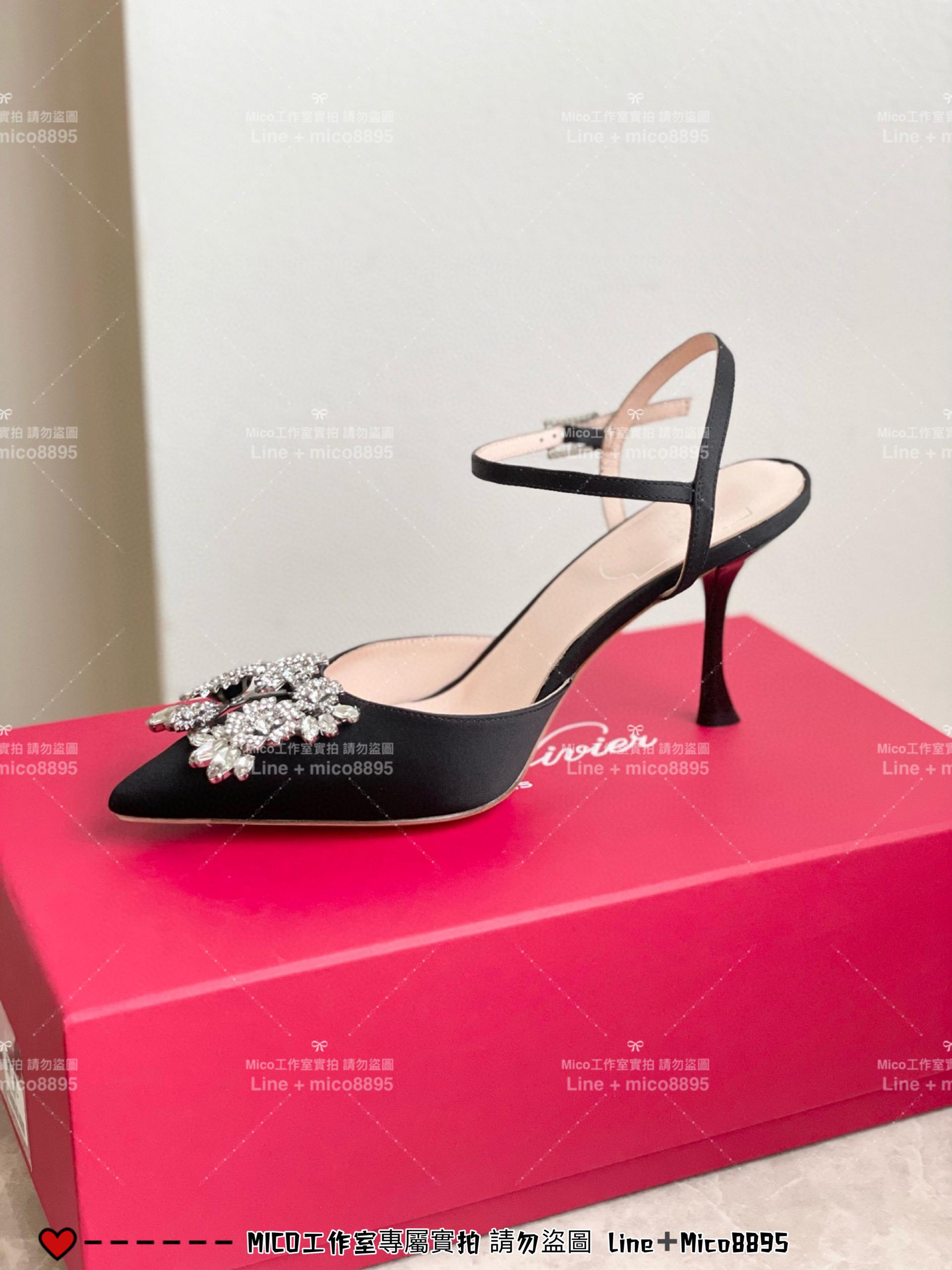 ROGER VIVIER 黑色真絲 RV 花鑽 方釦 真絲高跟涼鞋 繫帶跟鞋/高跟鞋 施華洛世奇水鑽 女鞋 35-40（可訂34）