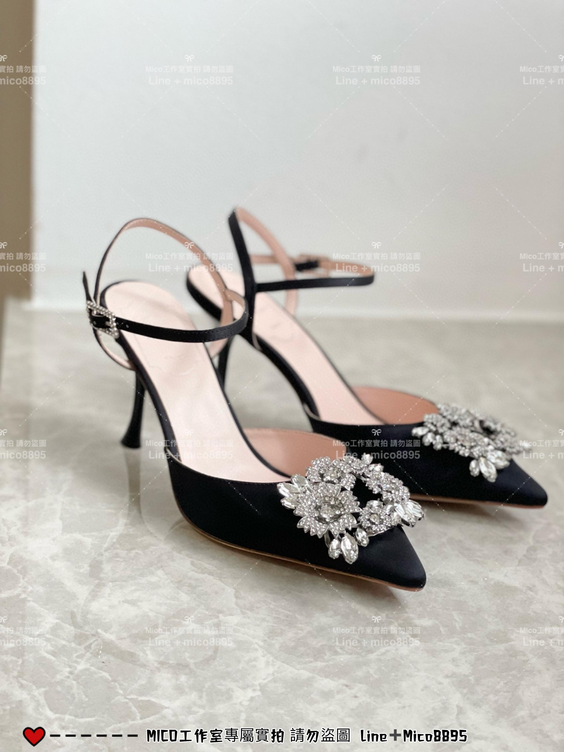 ROGER VIVIER 黑色真絲 RV 花鑽 方釦 真絲高跟涼鞋 繫帶跟鞋/高跟鞋 施華洛世奇水鑽 女鞋 35-40（可訂34）