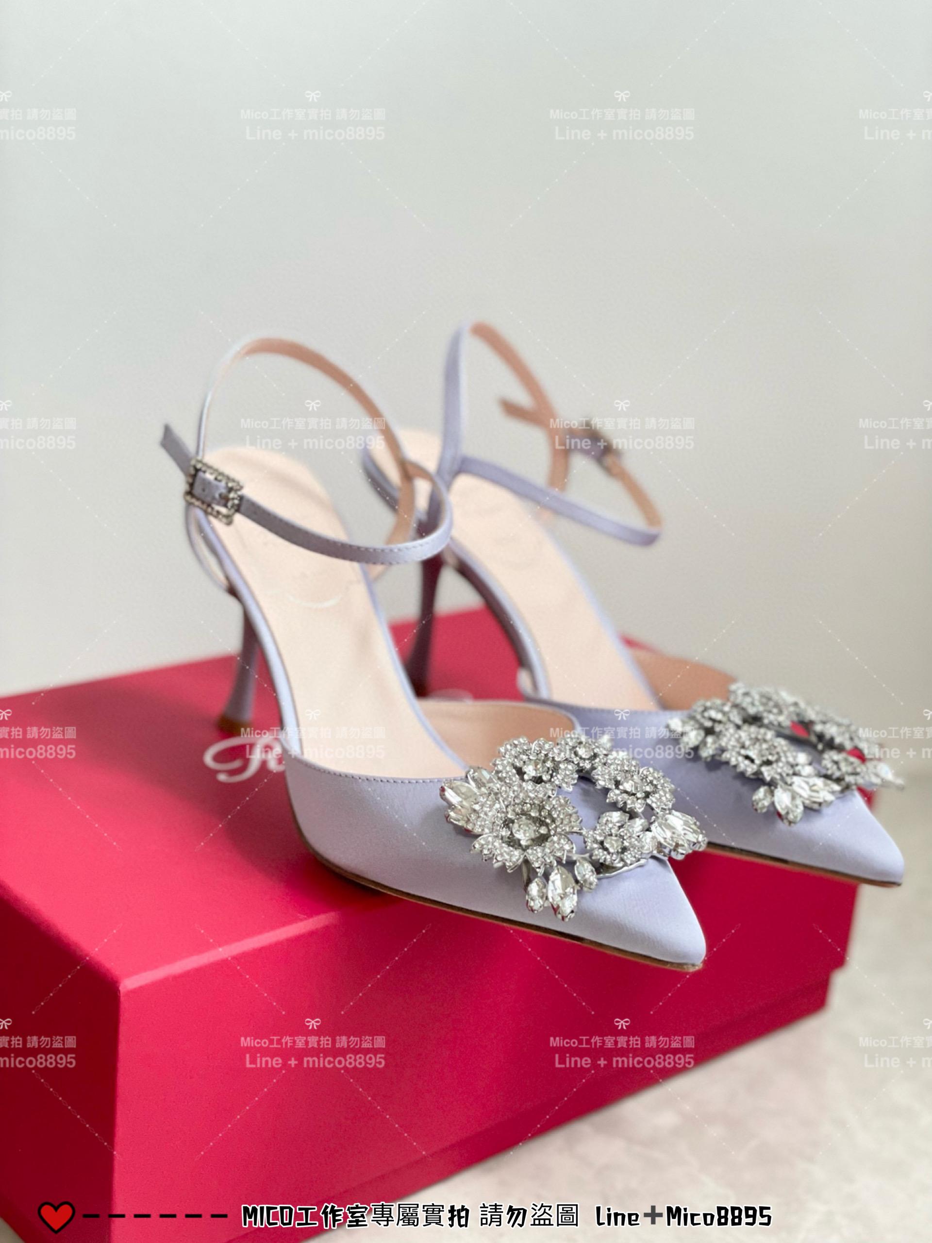 ROGER VIVIER 紫色真絲 RV 花鑽 方釦 真絲高跟涼鞋 繫帶跟鞋/高跟鞋 施華洛世奇水鑽 女鞋 35-40（可訂34）