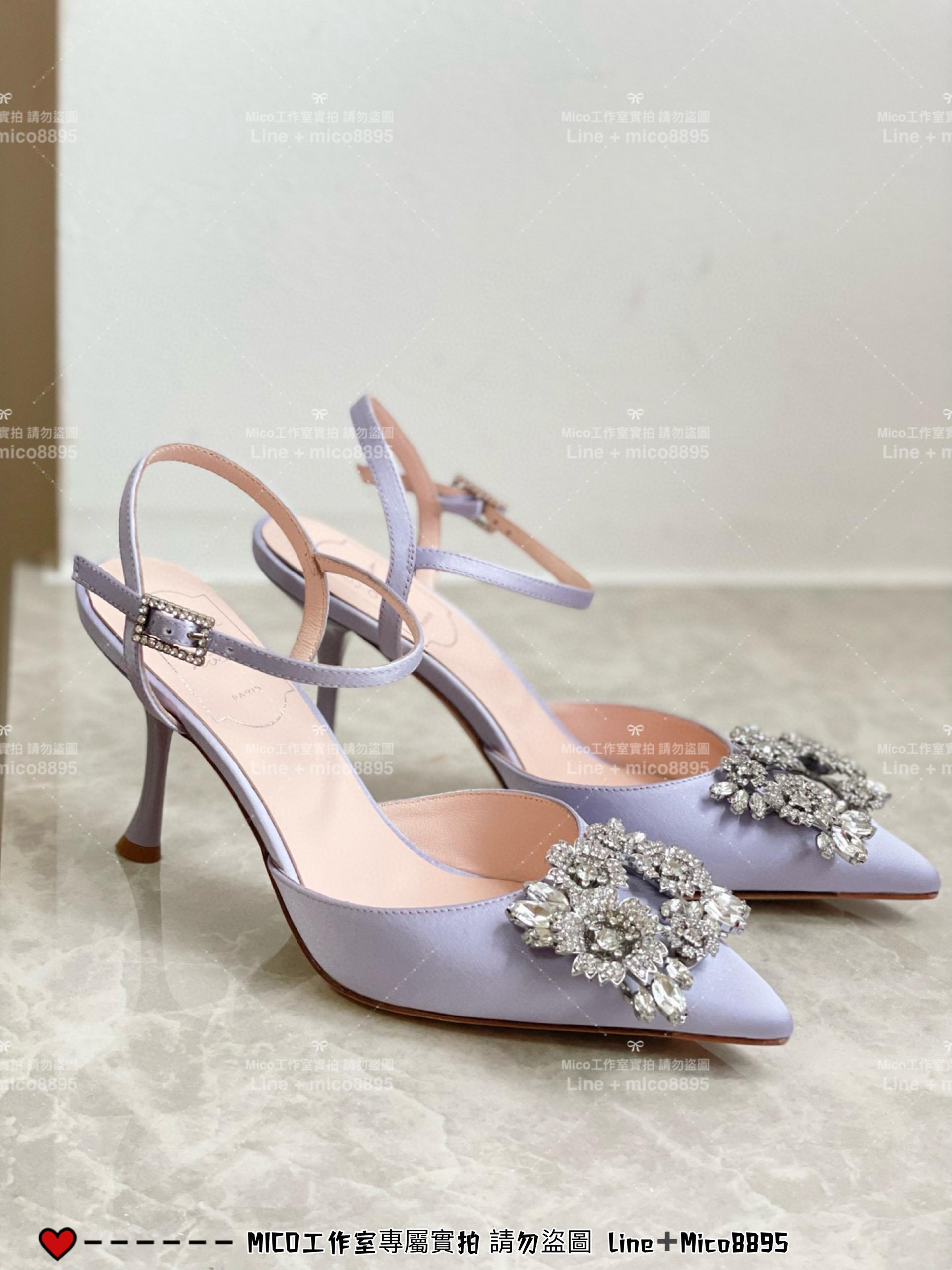 ROGER VIVIER 紫色真絲 RV 花鑽 方釦 真絲高跟涼鞋 繫帶跟鞋/高跟鞋 施華洛世奇水鑽 女鞋 35-40（可訂34）