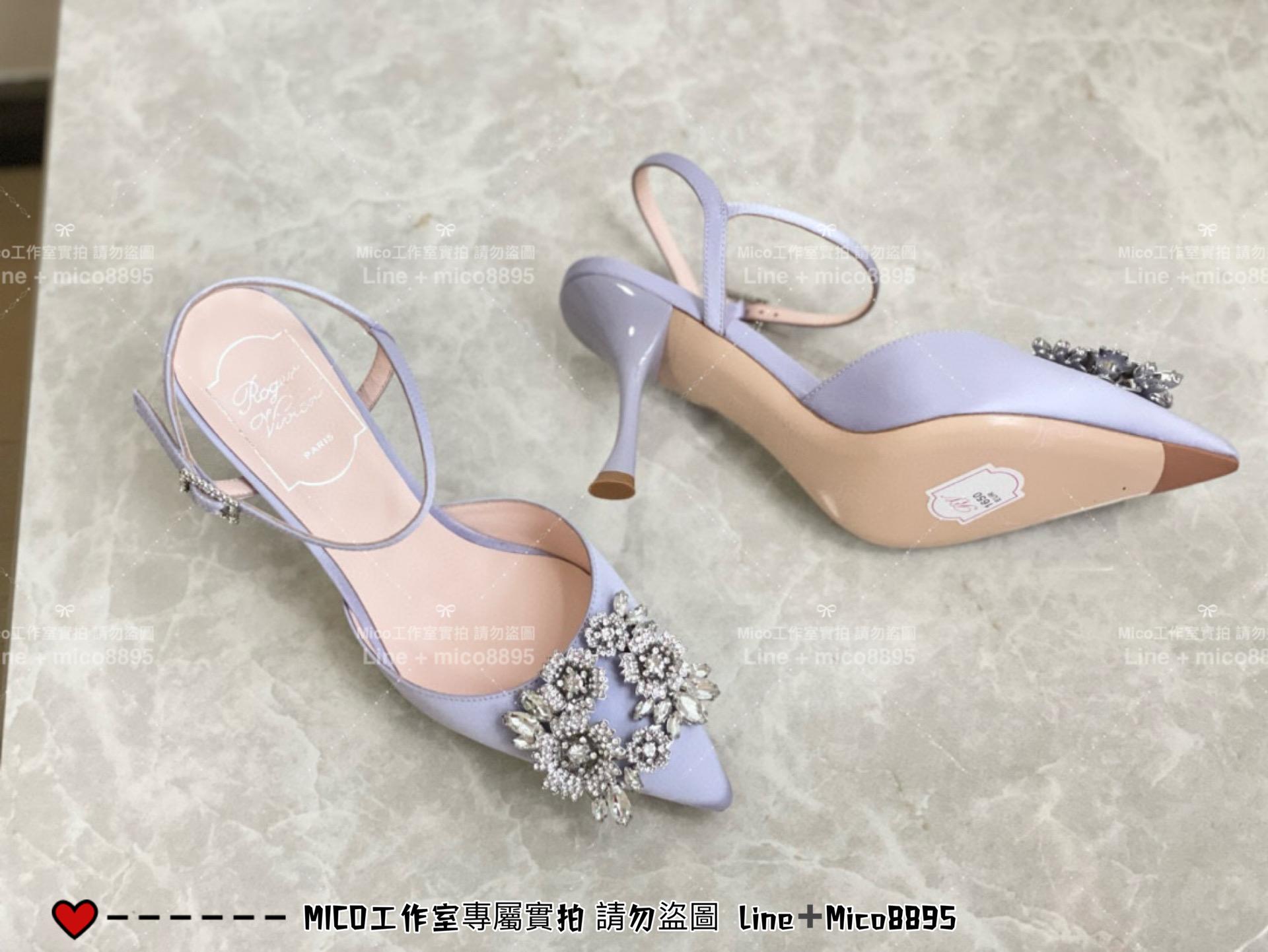 ROGER VIVIER 紫色真絲 RV 花鑽 方釦 真絲高跟涼鞋 繫帶跟鞋/高跟鞋 施華洛世奇水鑽 女鞋 35-40（可訂34）