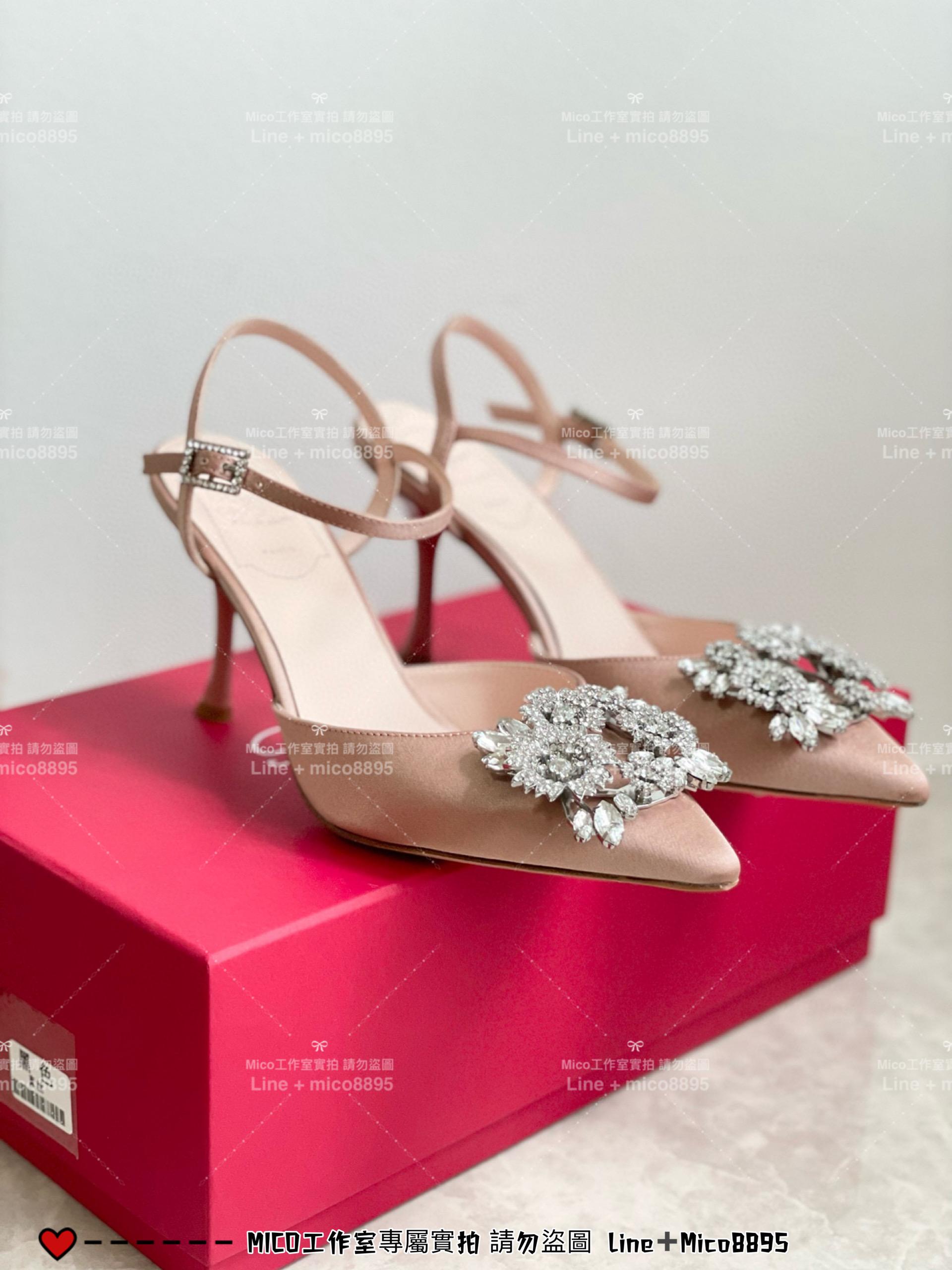 ROGER VIVIER 香檳金真絲 RV 花鑽 方釦 真絲高跟涼鞋 繫帶跟鞋/高跟鞋 施華洛世奇水鑽 女鞋 35-40（可訂34）