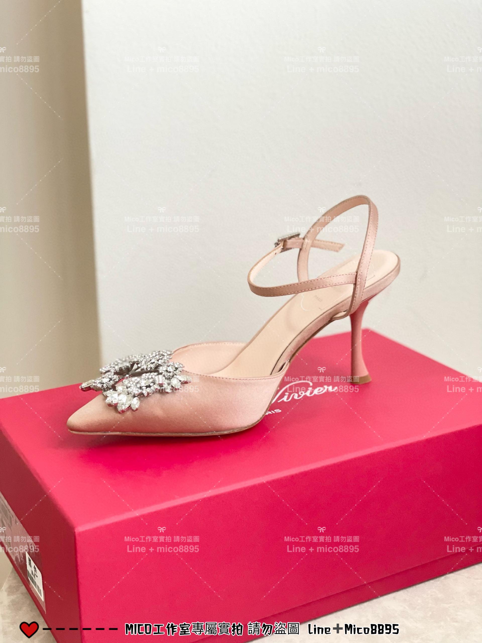 ROGER VIVIER 香檳金真絲 RV 花鑽 方釦 真絲高跟涼鞋 繫帶跟鞋/高跟鞋 施華洛世奇水鑽 女鞋 35-40（可訂34）