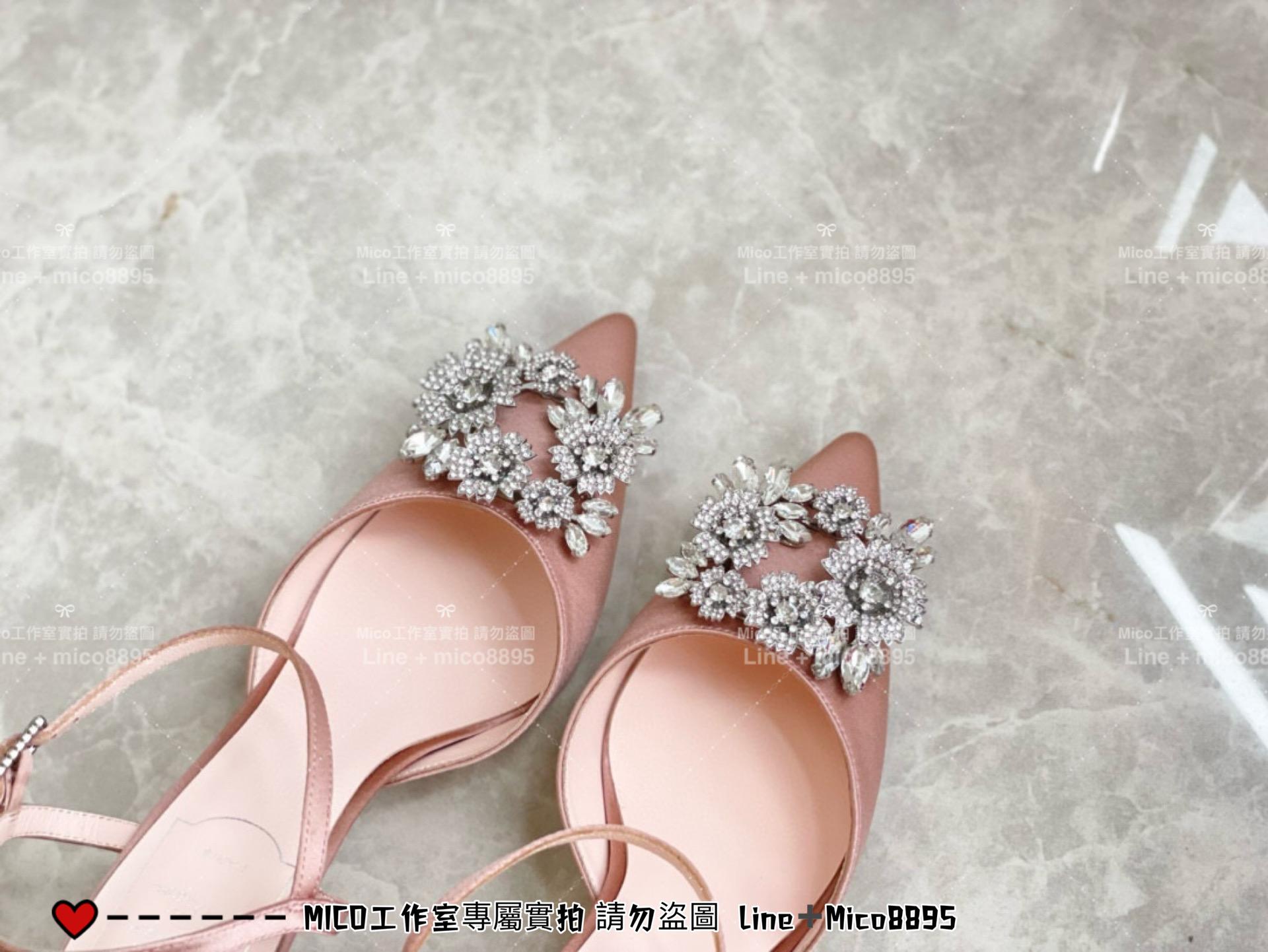 ROGER VIVIER 香檳金真絲 RV 花鑽 方釦 真絲高跟涼鞋 繫帶跟鞋/高跟鞋 施華洛世奇水鑽 女鞋 35-40（可訂34）