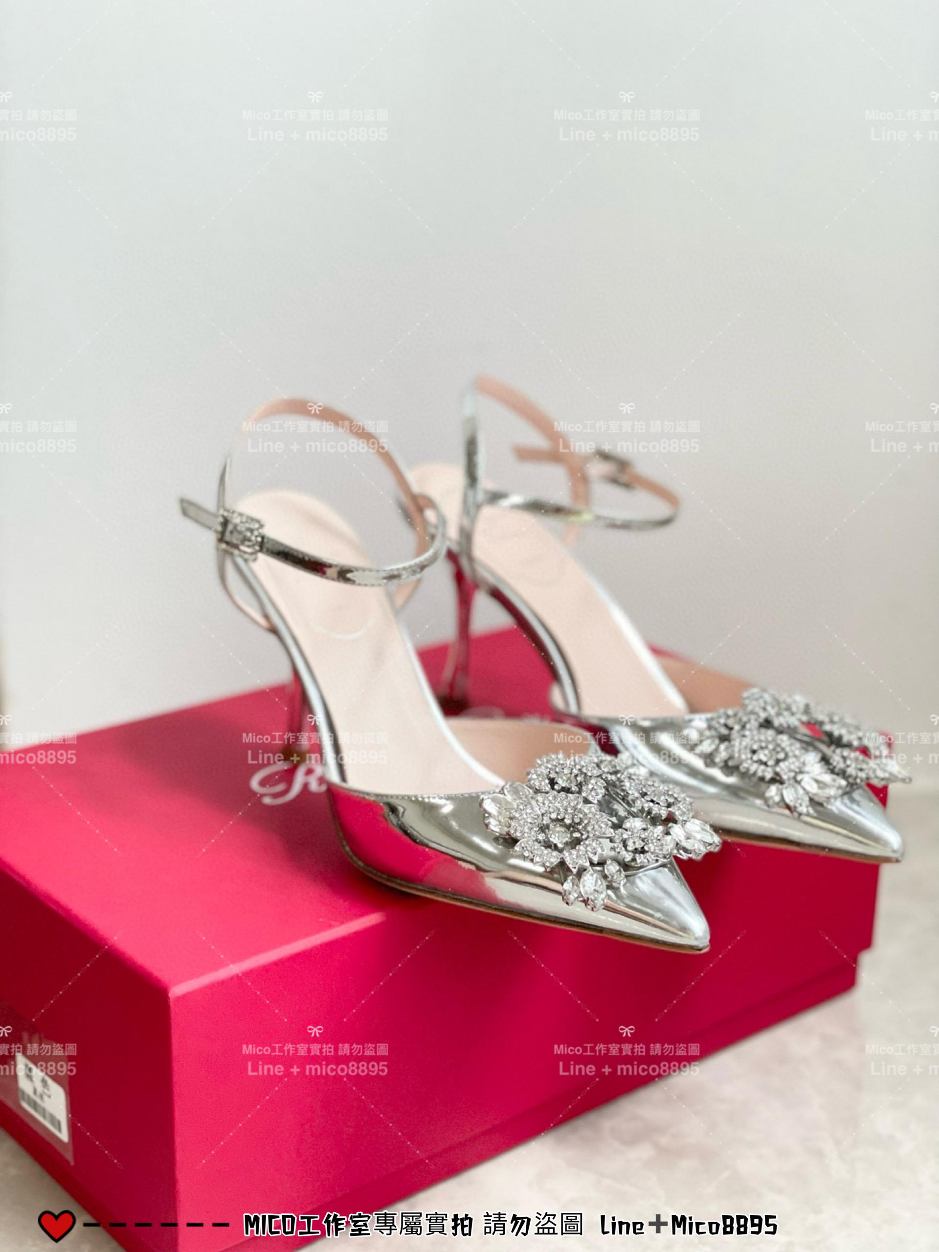 ROGER VIVIER 銀色 RV 花鑽 方釦 真絲高跟涼鞋 繫帶跟鞋/高跟鞋 施華洛世奇水鑽 女鞋 35-40（可訂34）