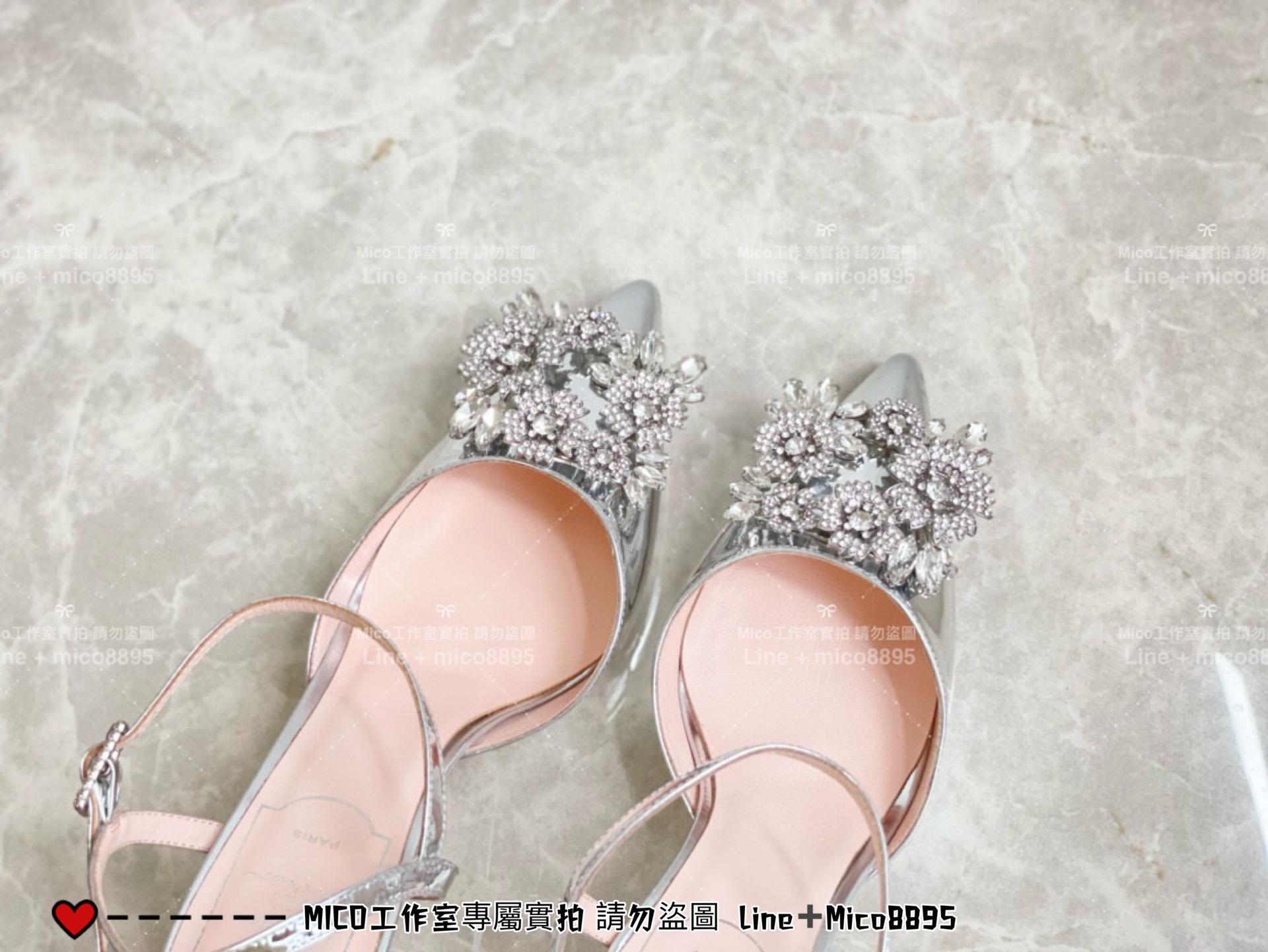 ROGER VIVIER 銀色 RV 花鑽 方釦 真絲高跟涼鞋 繫帶跟鞋/高跟鞋 施華洛世奇水鑽 女鞋 35-40（可訂34）