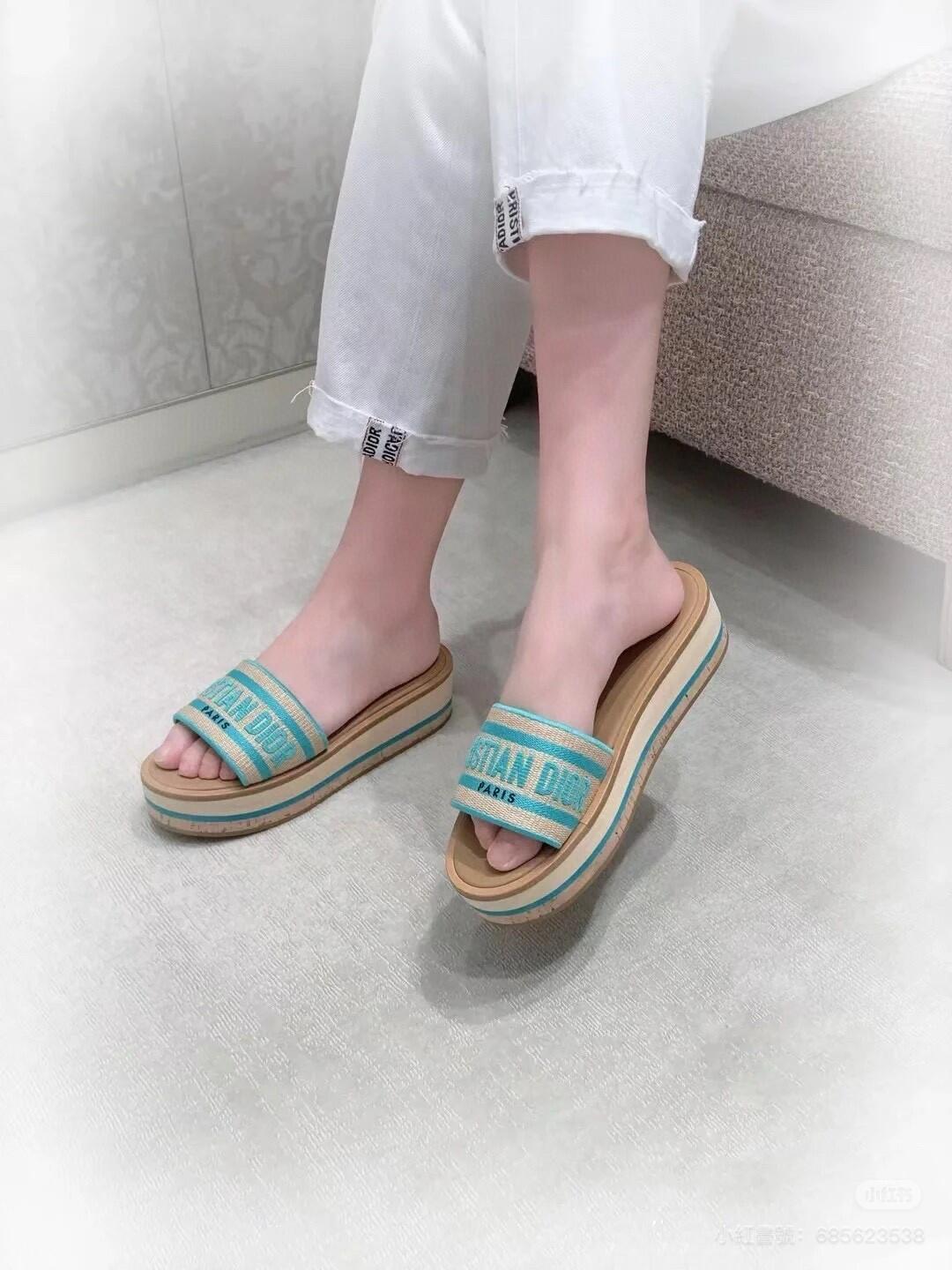 DIOR 度假風格 綠色刺繡 Dway 厚底涼鞋 拖鞋 35-40