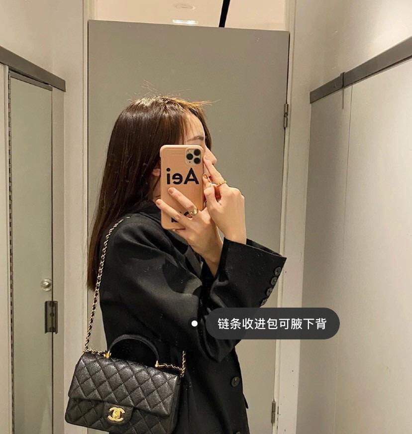 Chanel 香奈兒 21S 手提式CF口蓋包 黑色螞蟻紋牛皮/做舊五金 20cm