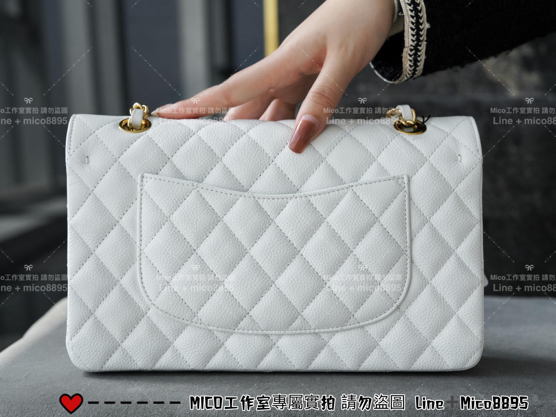 Chanel 香奈兒 Classic Flap CF 中號/荔枝皮/牛皮 經典口蓋包 仙女白/金釦 季節色/下單請先詢問 25cm 