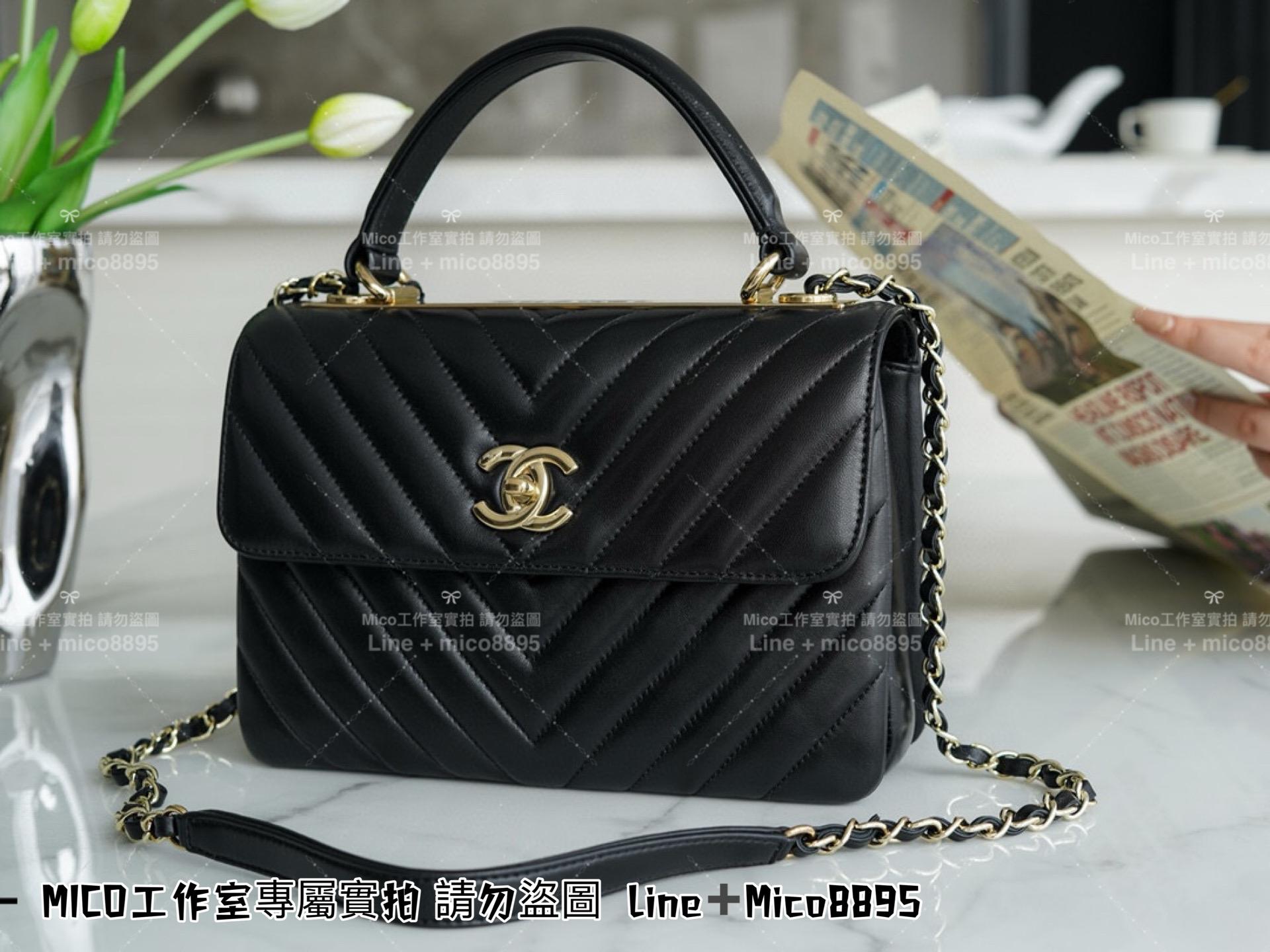 Chanel 香奈兒 知性風 黑色小羊皮 V紋/山型紋 Trendy cc 手提肩背風琴包 25cm