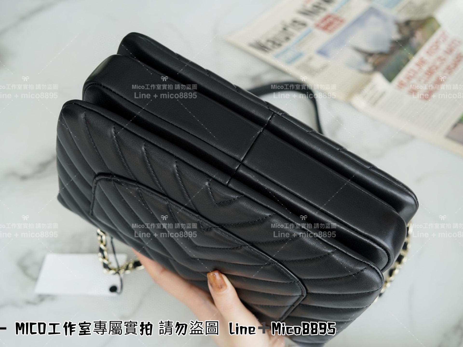 Chanel 香奈兒 知性風 黑色小羊皮 V紋/山型紋 Trendy cc 手提肩背風琴包 25cm