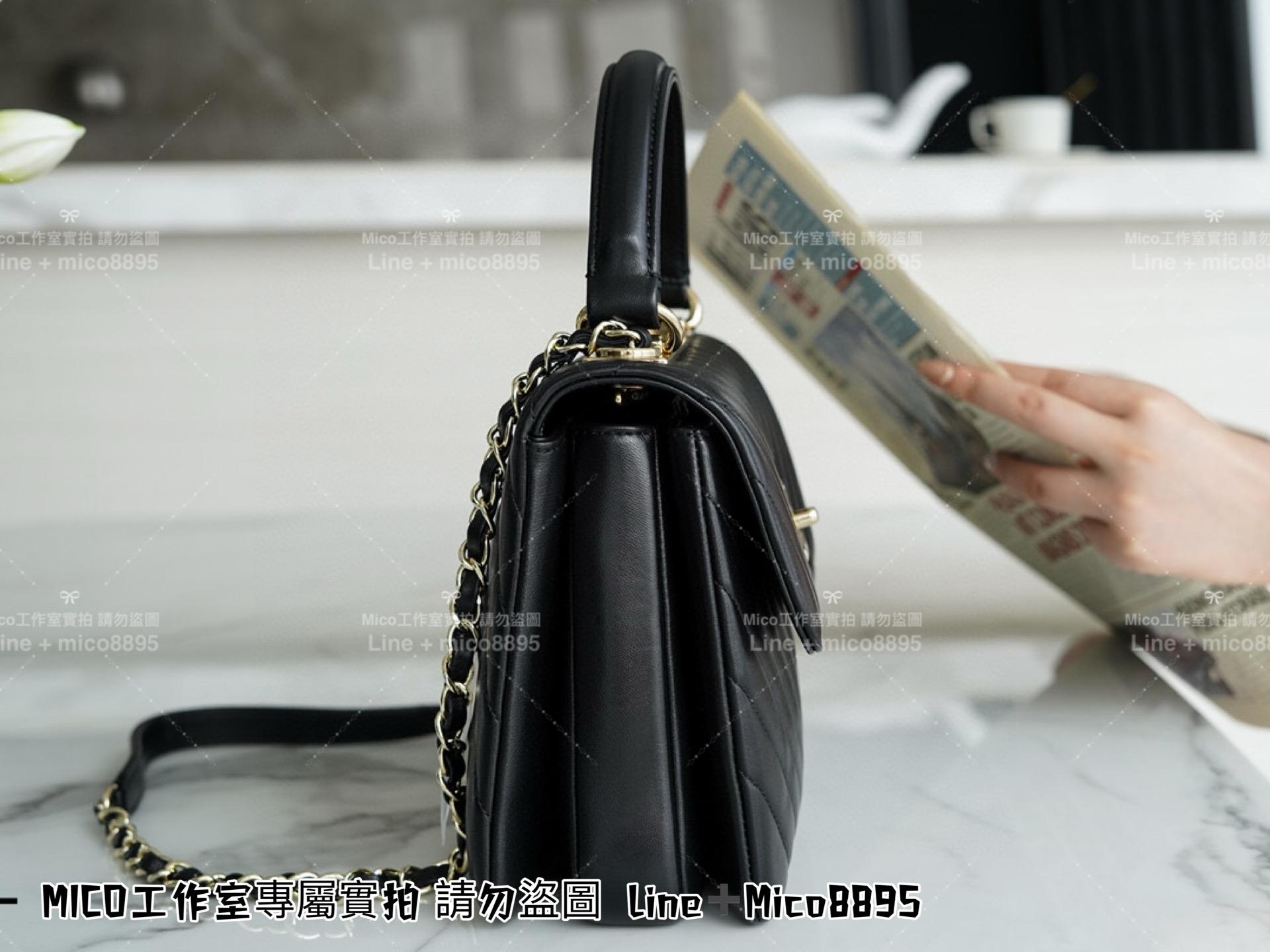 Chanel 香奈兒 知性風 黑色小羊皮 V紋/山型紋 Trendy cc 手提肩背風琴包 25cm