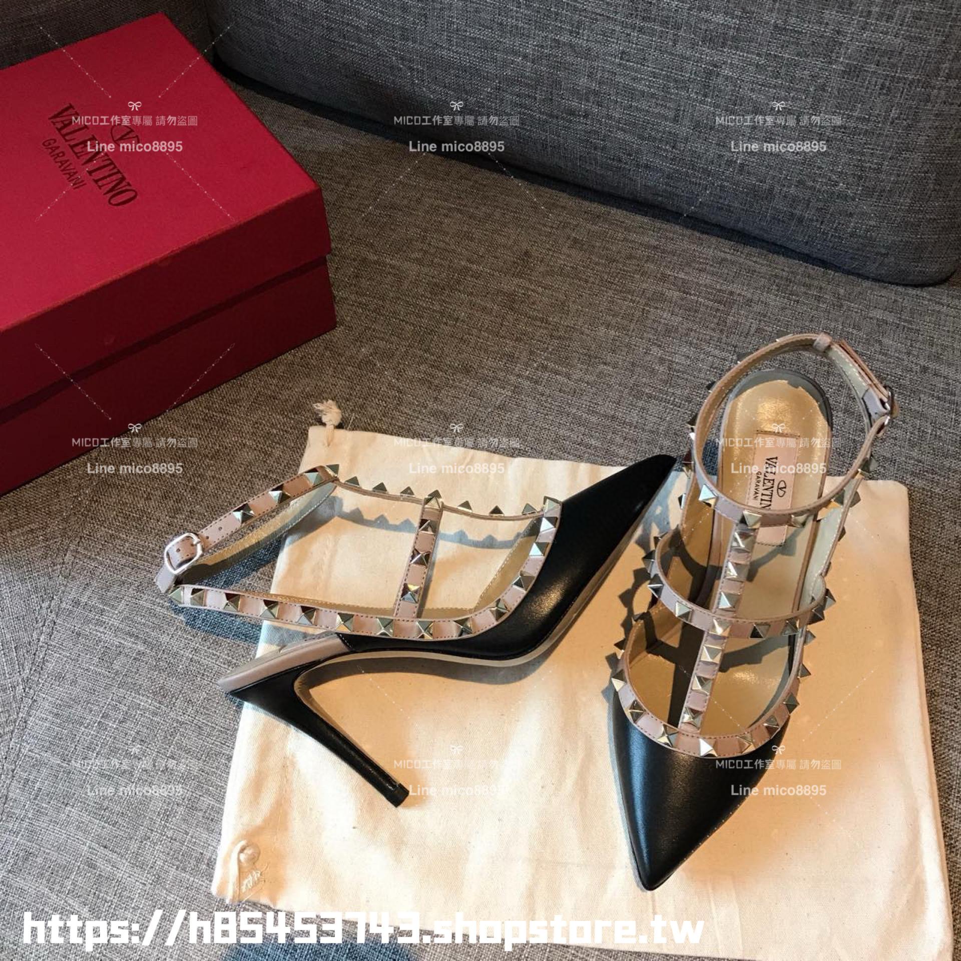 實拍｜Valentino 經典兩環/10cm 皮革面 ROCKSTUD鉚釘系列高跟鞋 女鞋 35-39