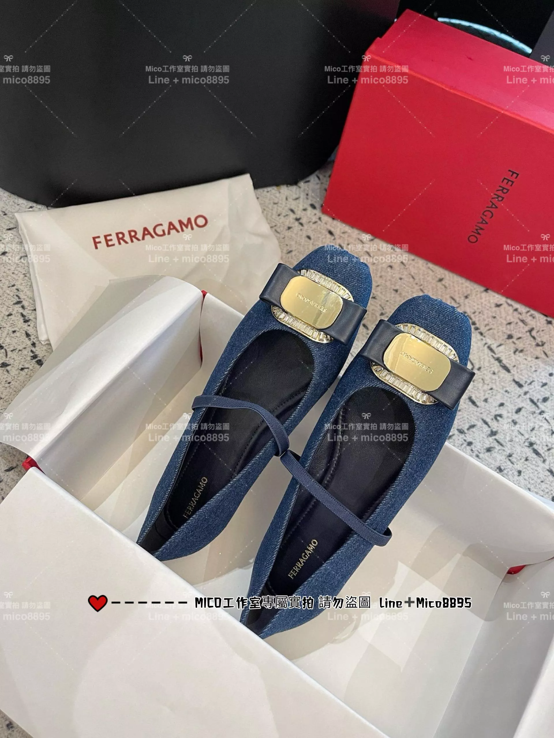 FERRAGAMO 菲拉格慕 24s 丹寧牛仔款 Vara法式方頭金屬釦平底復古芭蕾舞鞋/平底鞋/女鞋 通勤 非常好穿 34-40