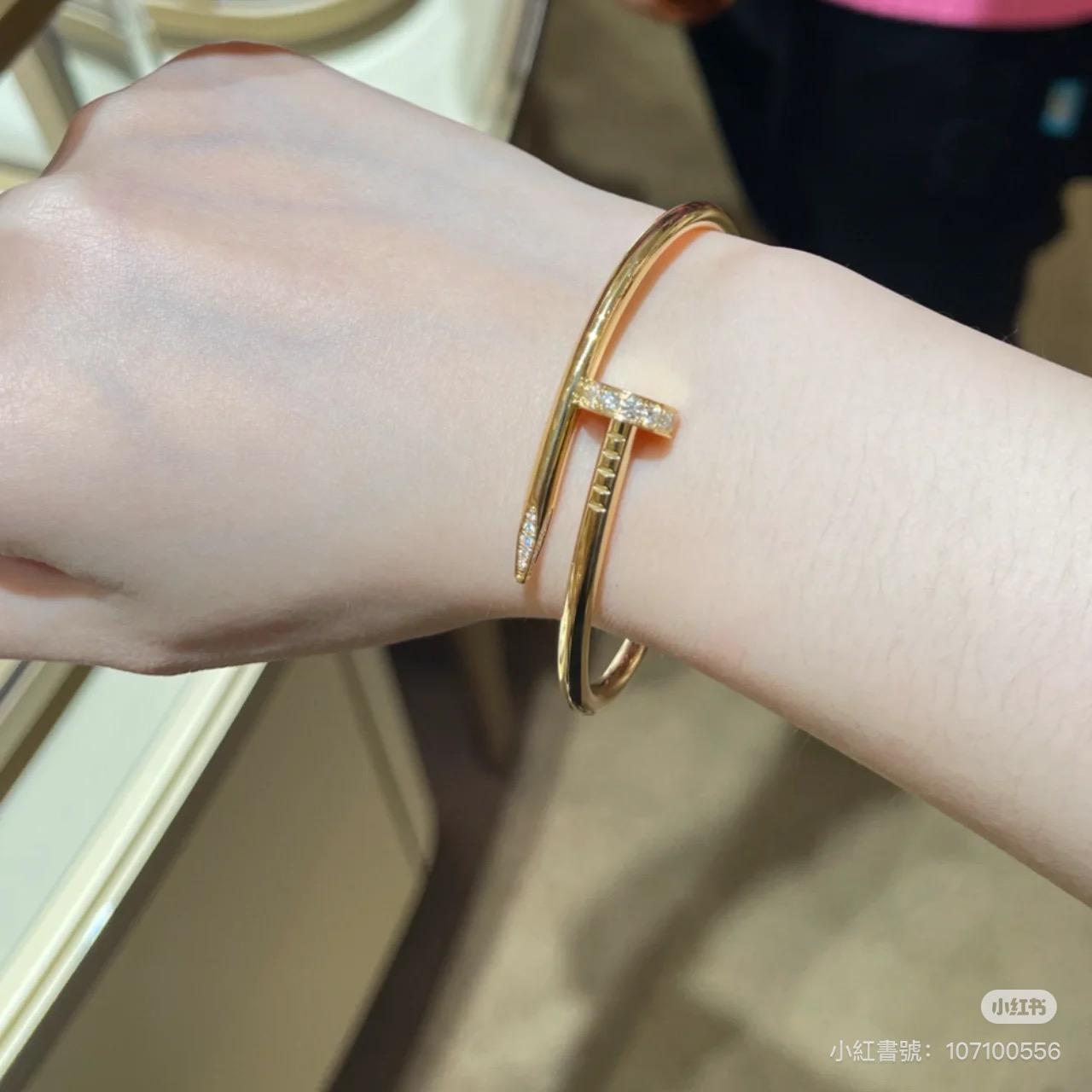 Cartier 粗版/頭尾鑲鑽釘子手鐲/手環 金色/玫瑰金/白金色 尺寸16、17、18