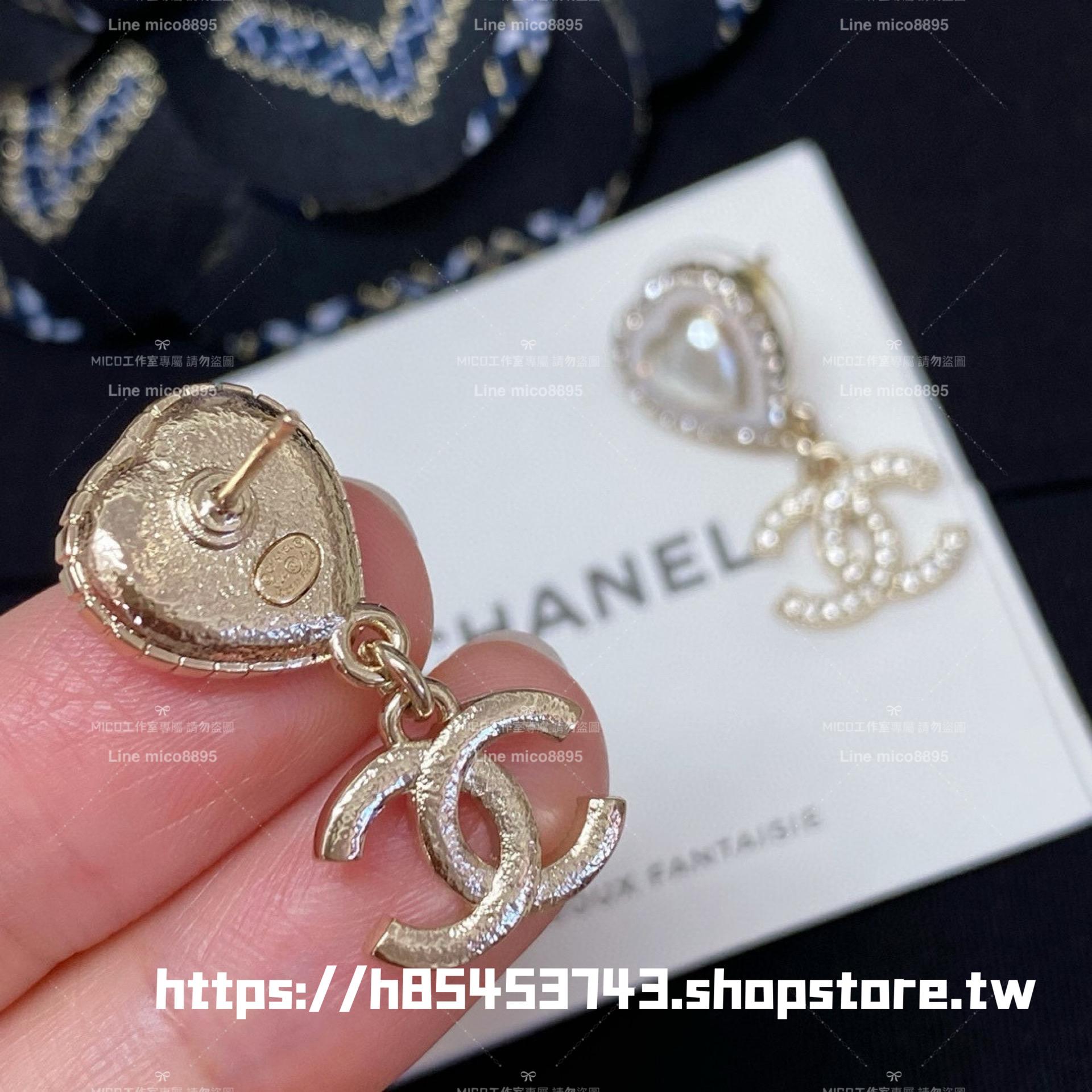 Chanel 珍珠愛心吊雙c耳環 24手工坊系列 施華洛世奇水鑽