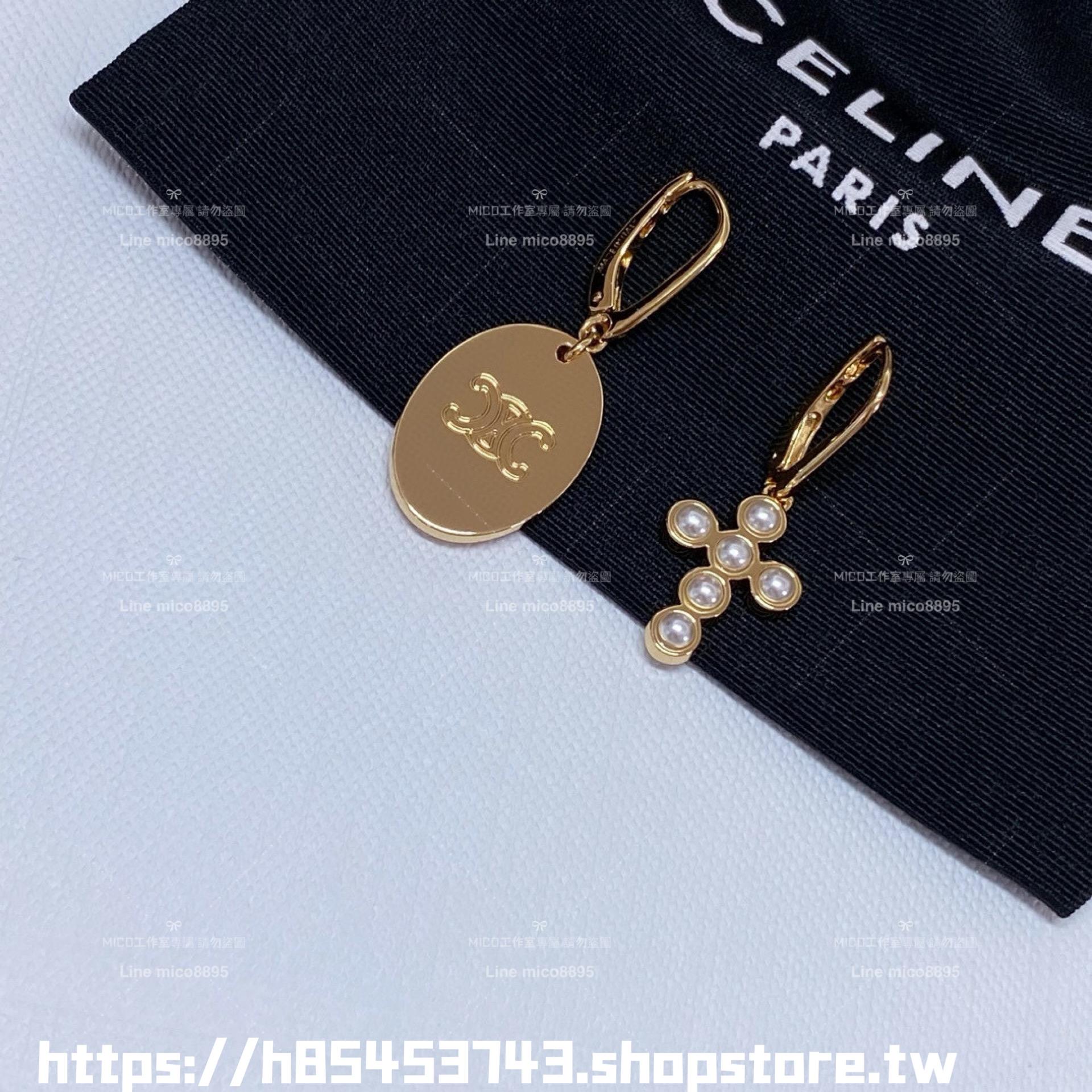 Celine 經典凱旋門+十字架 不對稱設計款耳環